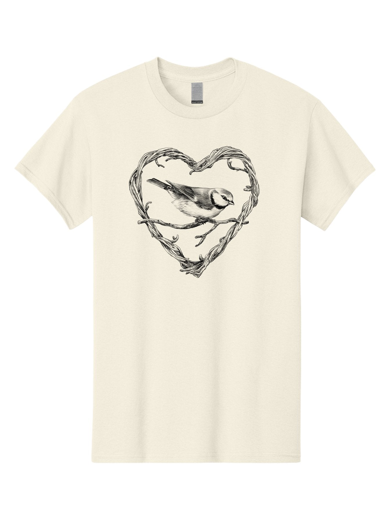 Bird-In-Heart Men'S Graphic Tee, 100% Cotton, Comfortable Casual Summer Wear, Machine Washable, Bird On Branch, Heart-Shaped Frame, Twigs And Leaves, Black And White Illustration, Bird Watching, Wildlife Art, Symbolic Heart, Love For Nature Aac252 13