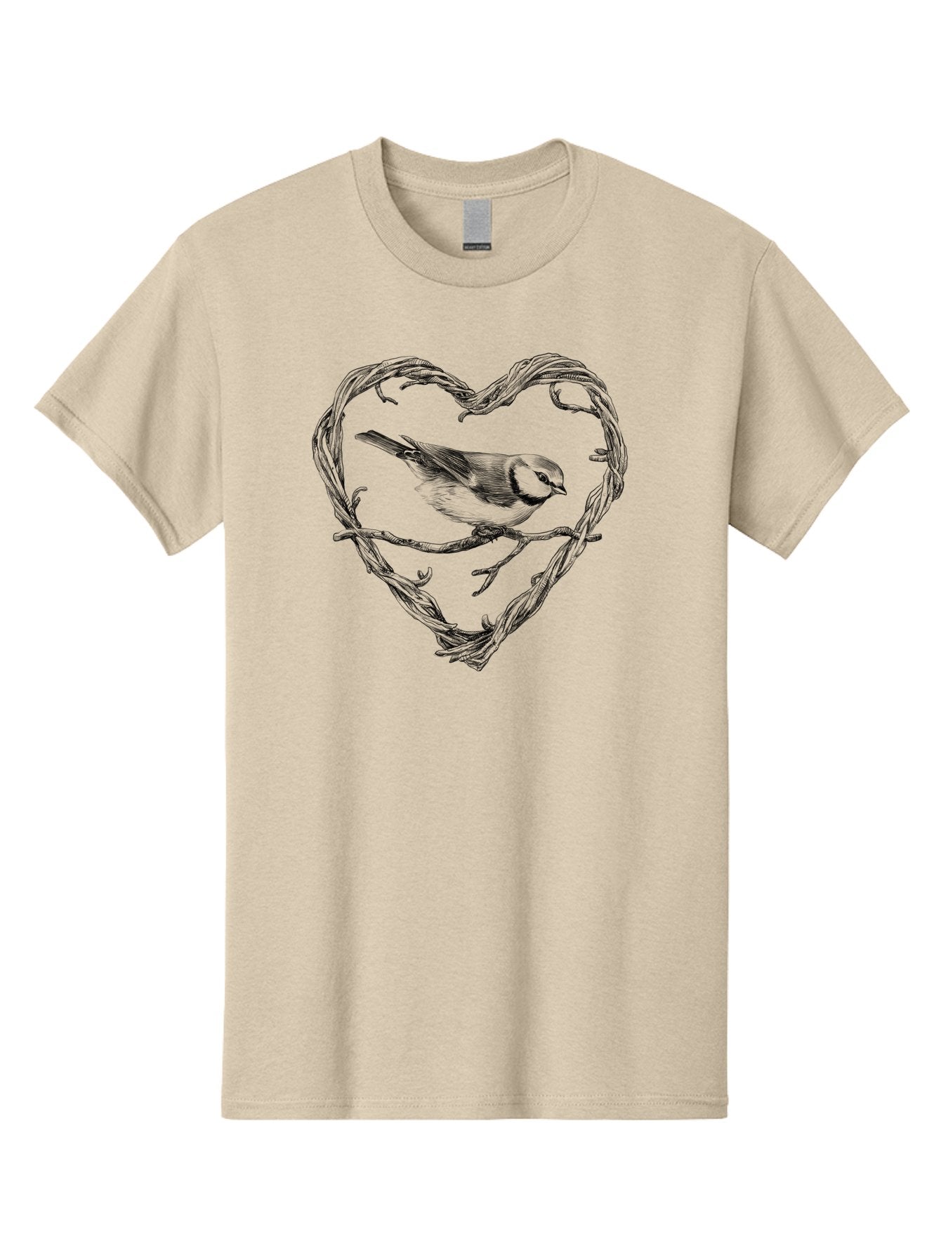 Bird-In-Heart Men'S Graphic Tee, 100% Cotton, Comfortable Casual Summer Wear, Machine Washable, Bird On Branch, Heart-Shaped Frame, Twigs And Leaves, Black And White Illustration, Bird Watching, Wildlife Art, Symbolic Heart, Love For Nature Aac252 12
