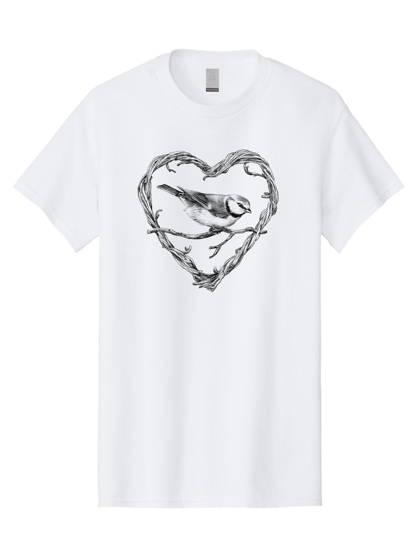 Bird-In-Heart Men'S Graphic Tee, 100% Cotton, Comfortable Casual Summer Wear, Machine Washable, Bird On Branch, Heart-Shaped Frame, Twigs And Leaves, Black And White Illustration, Bird Watching, Wildlife Art, Symbolic Heart, Love For Nature Aac252 9