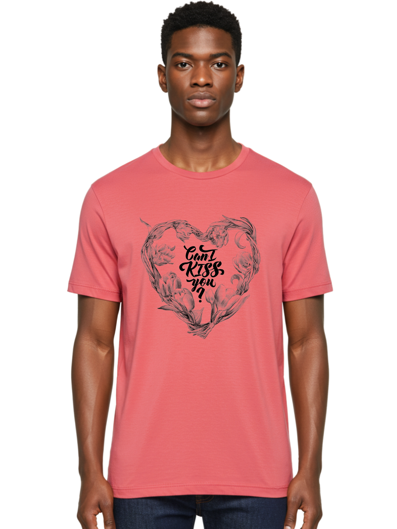 Cant-Kiss-You Men'S Graphic Tee, 100% Cotton, Comfortable Casual Summer Wear, Machine Washable, Romantic Illustration, Floral Heart, Love Quote, Elegant Typography, Flowers, Heart Shape, Valentines Day Aac254 26