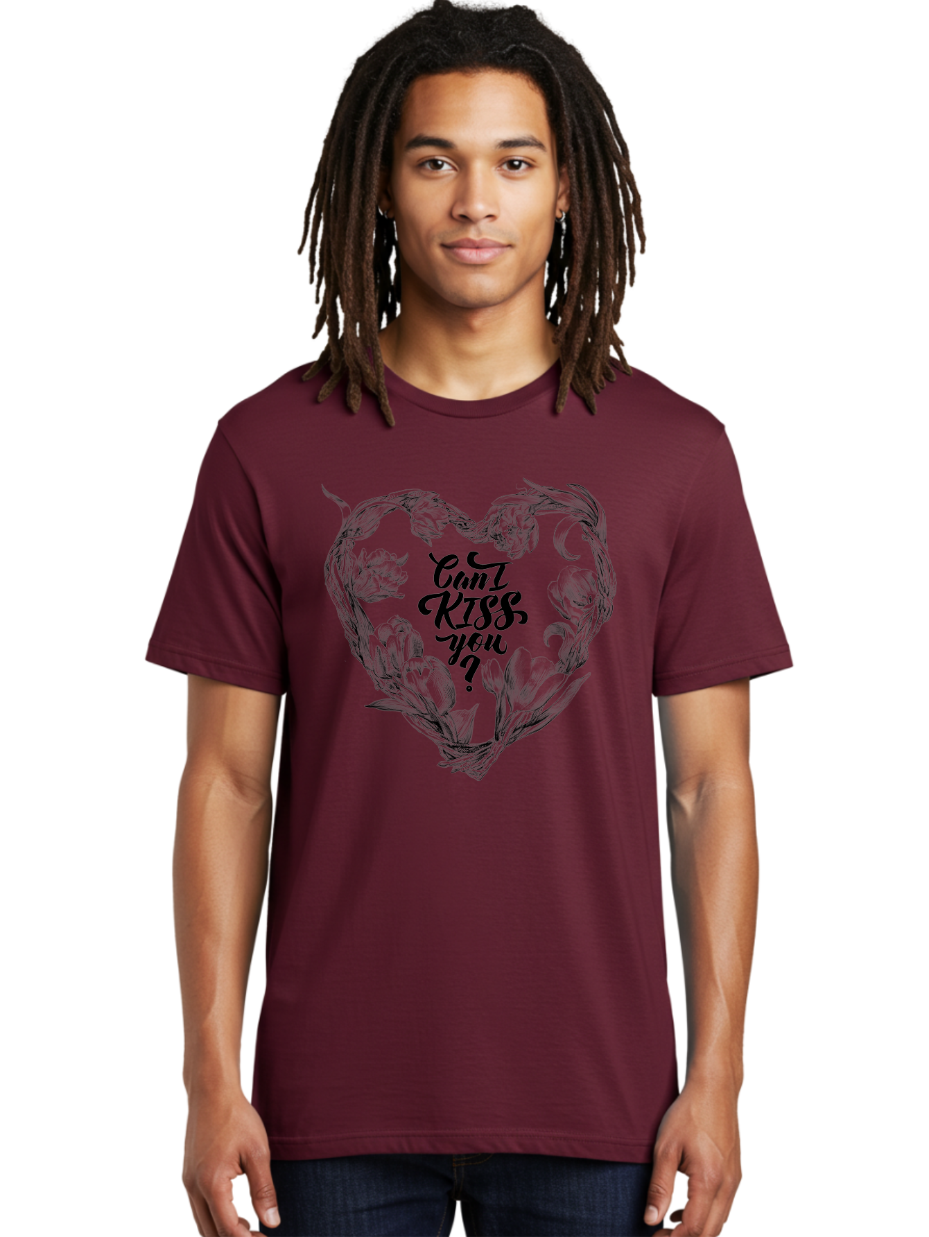 Cant-Kiss-You Men'S Graphic Tee, 100% Cotton, Comfortable Casual Summer Wear, Machine Washable, Romantic Illustration, Floral Heart, Love Quote, Elegant Typography, Flowers, Heart Shape, Valentines Day Aac254 18