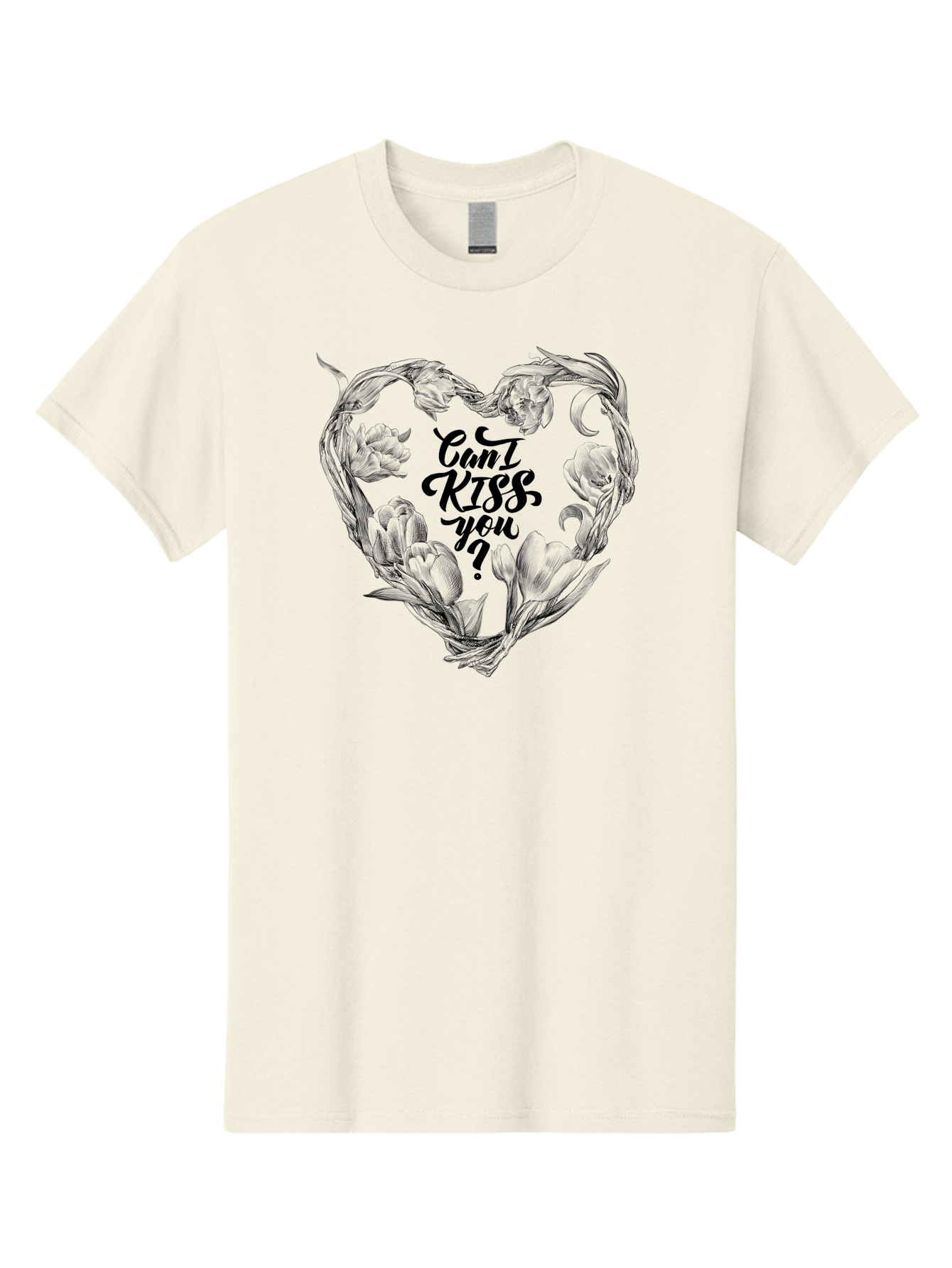 Cant-Kiss-You Men'S Graphic Tee, 100% Cotton, Comfortable Casual Summer Wear, Machine Washable, Romantic Illustration, Floral Heart, Love Quote, Elegant Typography, Flowers, Heart Shape, Valentines Day Aac254 5