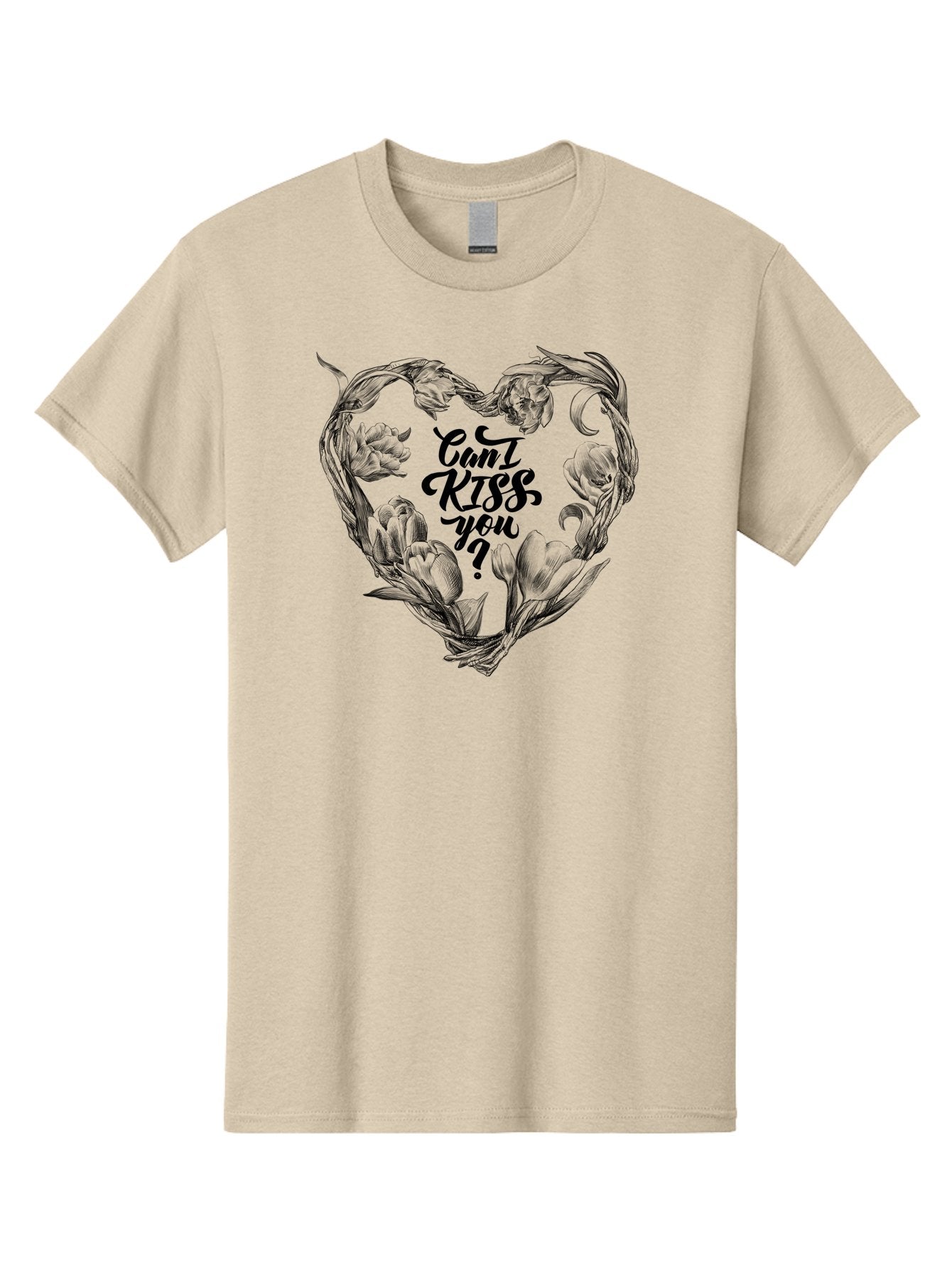 Cant-Kiss-You Men'S Graphic Tee, 100% Cotton, Comfortable Casual Summer Wear, Machine Washable, Romantic Illustration, Floral Heart, Love Quote, Elegant Typography, Flowers, Heart Shape, Valentines Day Aac254 6