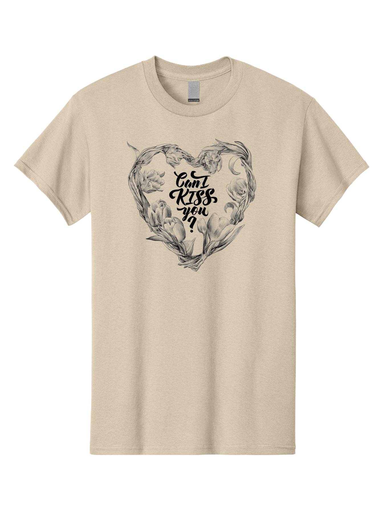 Cant-Kiss-You Men'S Graphic Tee, 100% Cotton, Comfortable Casual Summer Wear, Machine Washable, Romantic Illustration, Floral Heart, Love Quote, Elegant Typography, Flowers, Heart Shape, Valentines Day Aac254 13