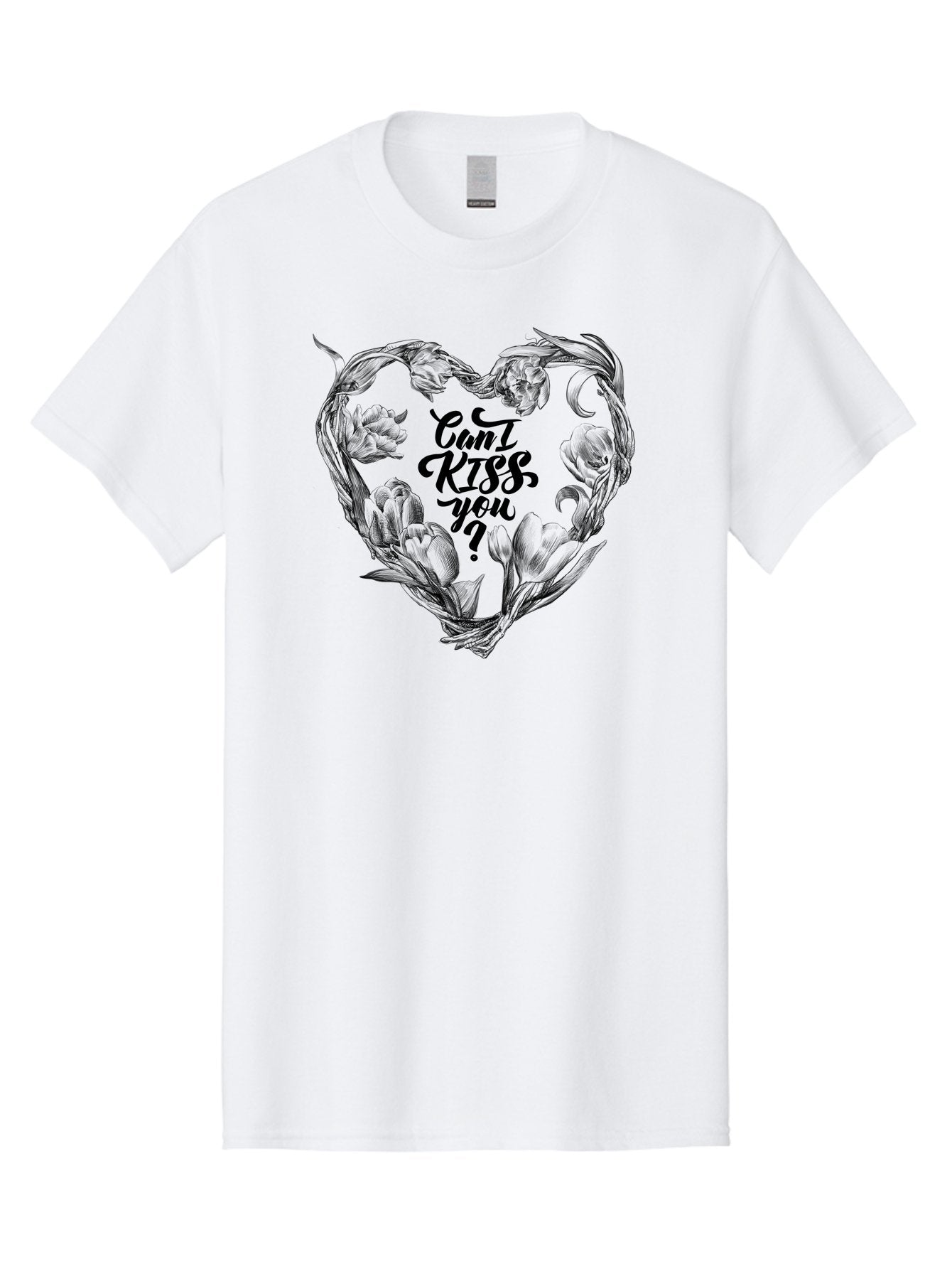 Cant-Kiss-You Men'S Graphic Tee, 100% Cotton, Comfortable Casual Summer Wear, Machine Washable, Romantic Illustration, Floral Heart, Love Quote, Elegant Typography, Flowers, Heart Shape, Valentines Day Aac254
