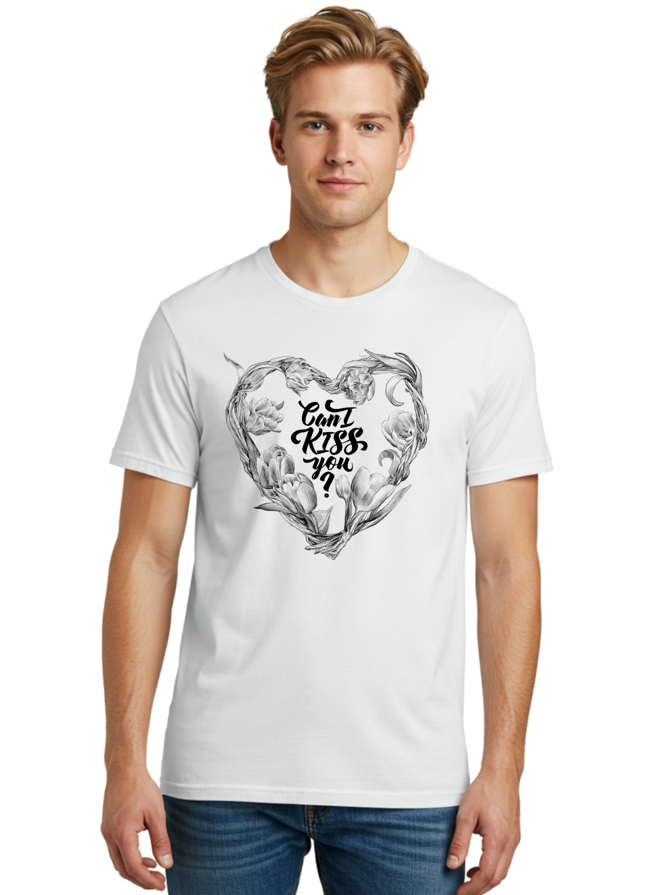 Cant-Kiss-You Men'S Graphic Tee, 100% Cotton, Comfortable Casual Summer Wear, Machine Washable, Romantic Illustration, Floral Heart, Love Quote, Elegant Typography, Flowers, Heart Shape, Valentines Day Aac254 20
