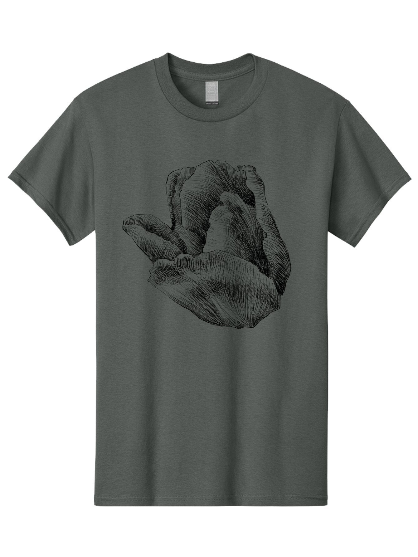 Hand-Gesture Men'S Graphic Tee, 100% Cotton, Comfortable Casual Summer Wear, Machine Washable, Hand Holding Flower, Floral Design, Botanical Art, Illustration, Sketch, Black Lines, Leafy Greens, Delicate Petals, Artistic Expression, Aac257 9