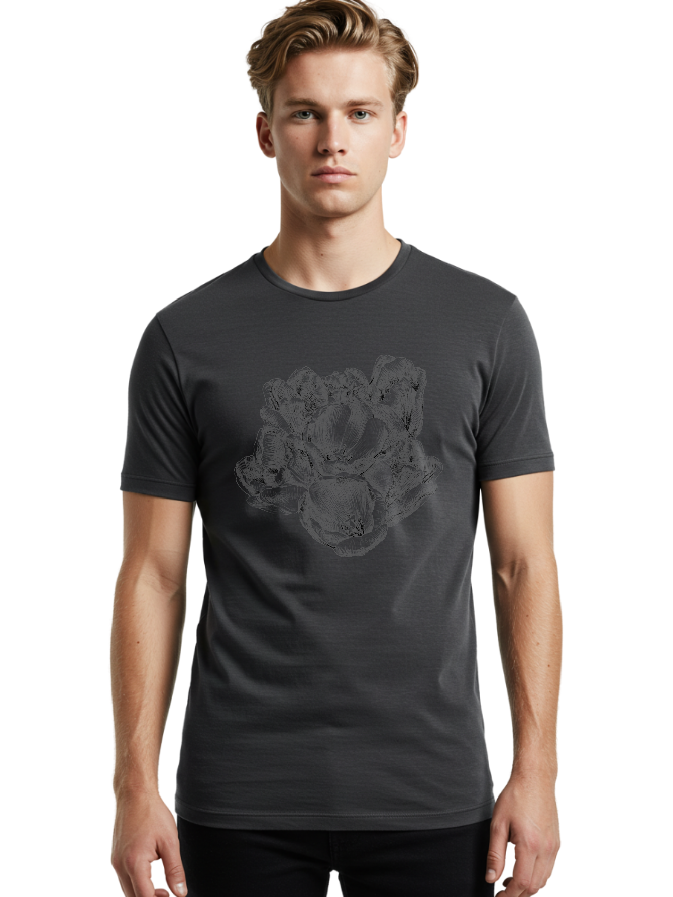 Peony-Flower Men'S Graphic Tee, 100% Cotton, Comfortable Casual Summer Wear, Machine Washable, Detailed Line Drawing, Floral Design, Lush Petals, Botanical Art, Elegant Flowers, Intricate Details, Sketch Style, Flower Illustration Aac261