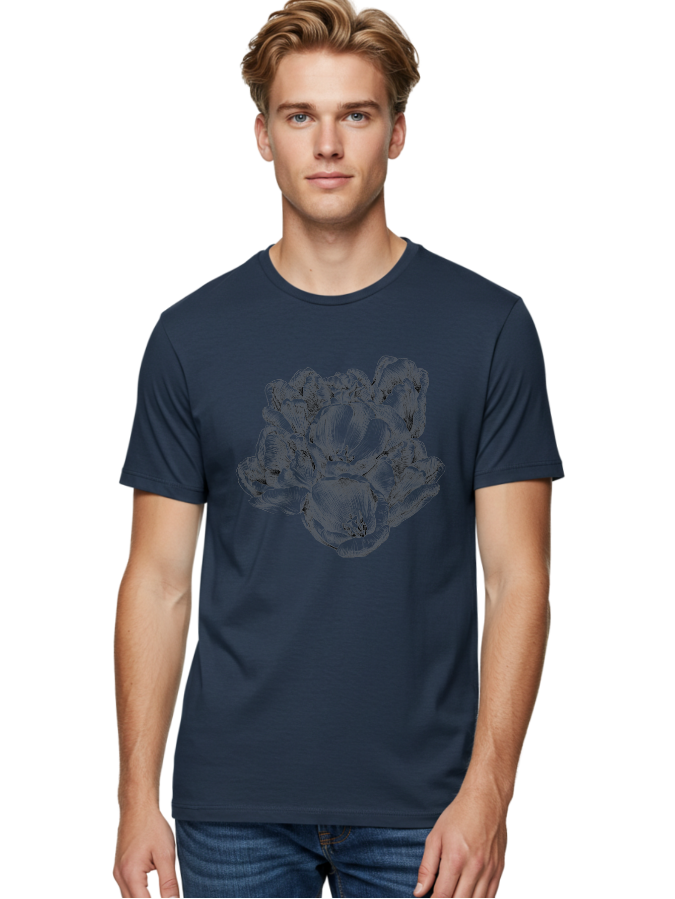 Peony-Flower Men'S Graphic Tee, 100% Cotton, Comfortable Casual Summer Wear, Machine Washable, Detailed Line Drawing, Floral Design, Lush Petals, Botanical Art, Elegant Flowers, Intricate Details, Sketch Style, Flower Illustration Aac261 8