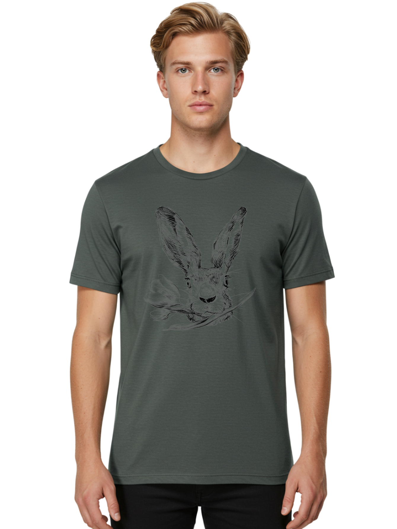 Rabbit-Head-With-Tulip Men'S Graphic Tee, 100% Cotton, Comfortable Casual Summer Wear, Machine Washable, Rabbit Holding Tulip, Pencil Sketch, Realistic Drawing, Detailed Artwork, Floral Theme, Spring Inspiration, Delicate Lines, Aac265 4