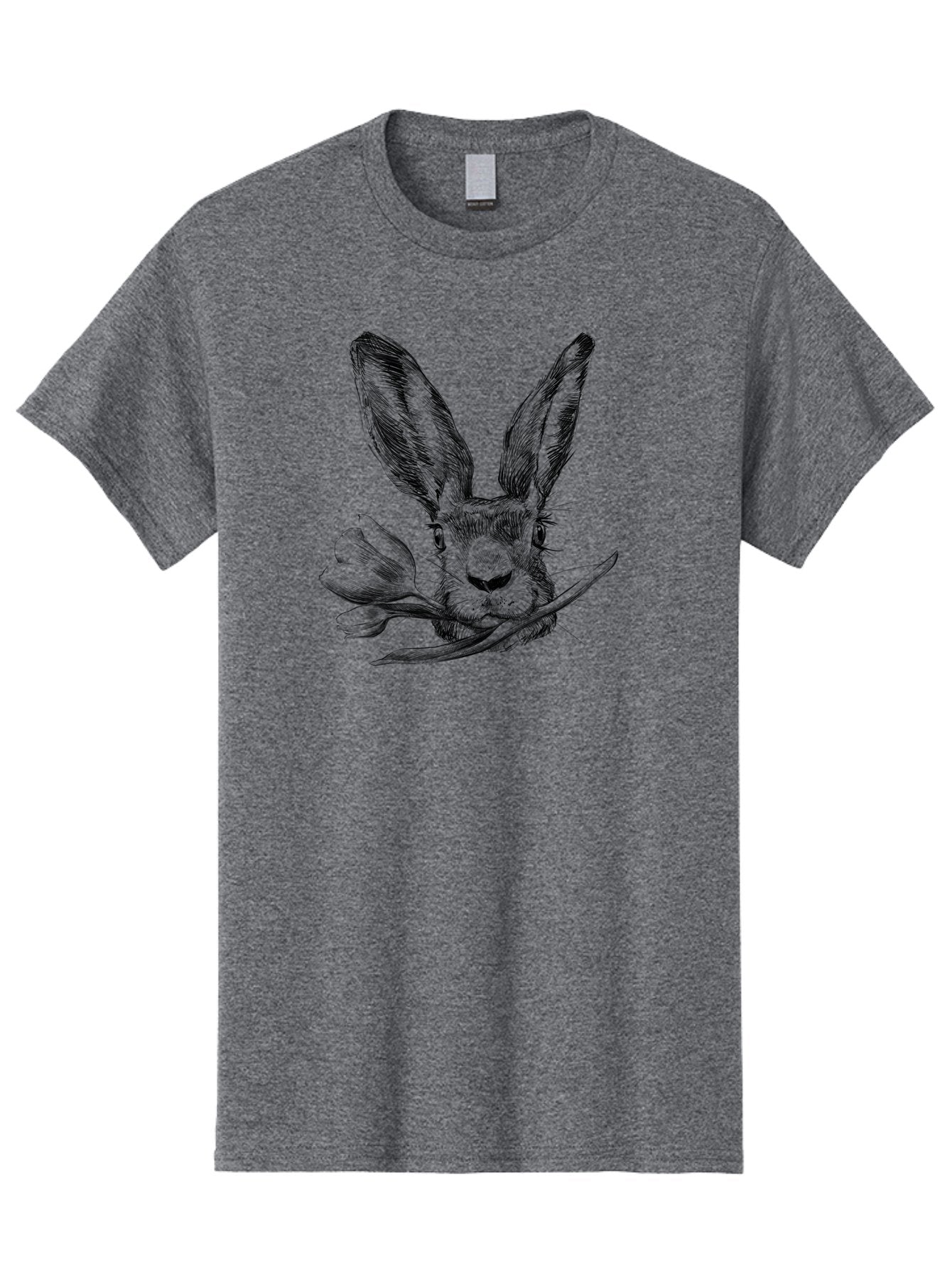 Rabbit-Head-With-Tulip Men'S Graphic Tee, 100% Cotton, Comfortable Casual Summer Wear, Machine Washable, Rabbit Holding Tulip, Pencil Sketch, Realistic Drawing, Detailed Artwork, Floral Theme, Spring Inspiration, Delicate Lines, Aac265