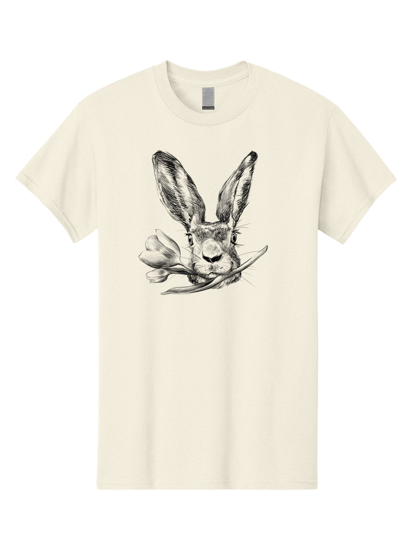 Rabbit-Head-With-Tulip Men'S Graphic Tee, 100% Cotton, Comfortable Casual Summer Wear, Machine Washable, Rabbit Holding Tulip, Pencil Sketch, Realistic Drawing, Detailed Artwork, Floral Theme, Spring Inspiration, Delicate Lines, Aac265 13