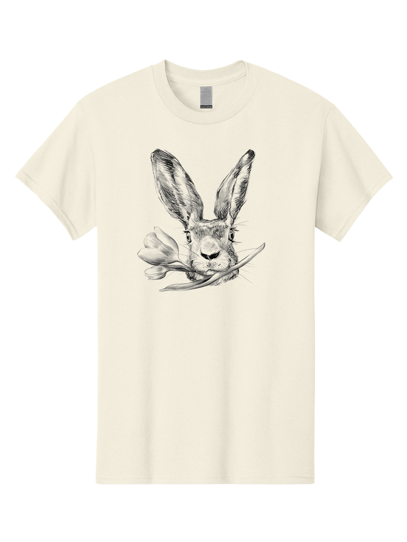 Rabbit-Head-With-Tulip Men'S Graphic Tee, 100% Cotton, Comfortable Casual Summer Wear, Machine Washable, Rabbit Holding Tulip, Pencil Sketch, Realistic Drawing, Detailed Artwork, Floral Theme, Spring Inspiration, Delicate Lines, Aac265 29