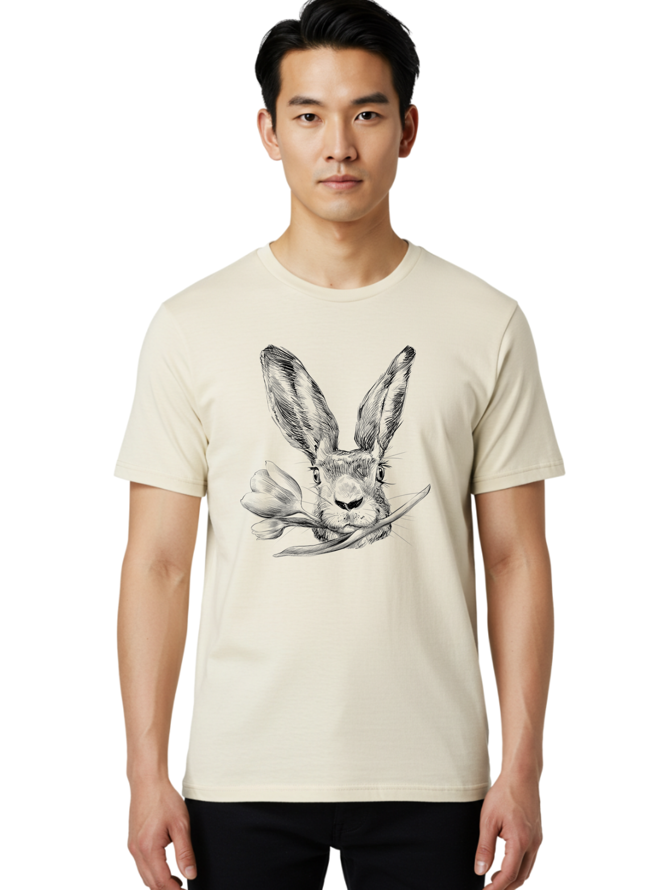 Rabbit-Head-With-Tulip Men'S Graphic Tee, 100% Cotton, Comfortable Casual Summer Wear, Machine Washable, Rabbit Holding Tulip, Pencil Sketch, Realistic Drawing, Detailed Artwork, Floral Theme, Spring Inspiration, Delicate Lines, Aac265 30