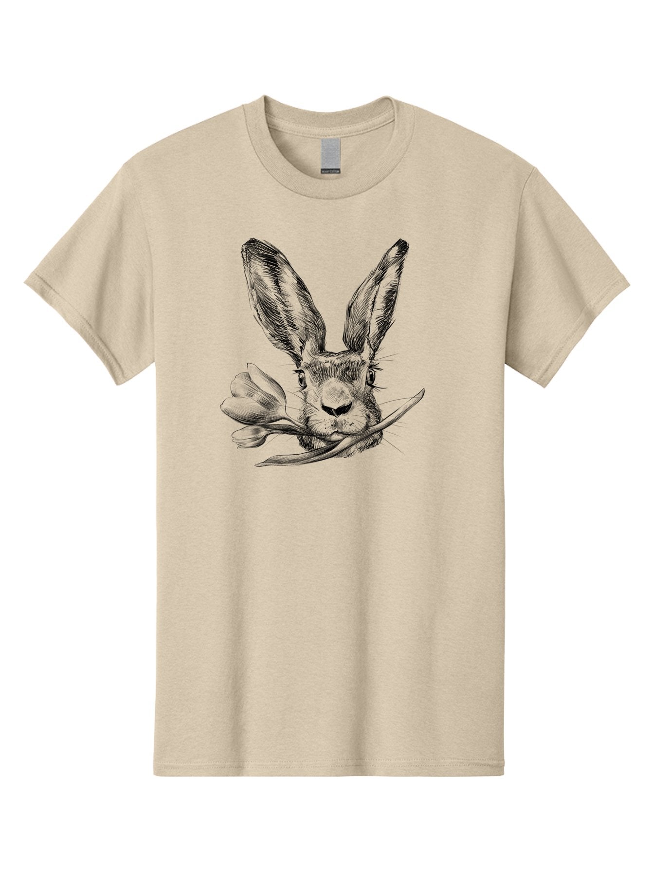 Rabbit-Head-With-Tulip Men'S Graphic Tee, 100% Cotton, Comfortable Casual Summer Wear, Machine Washable, Rabbit Holding Tulip, Pencil Sketch, Realistic Drawing, Detailed Artwork, Floral Theme, Spring Inspiration, Delicate Lines, Aac265 7
