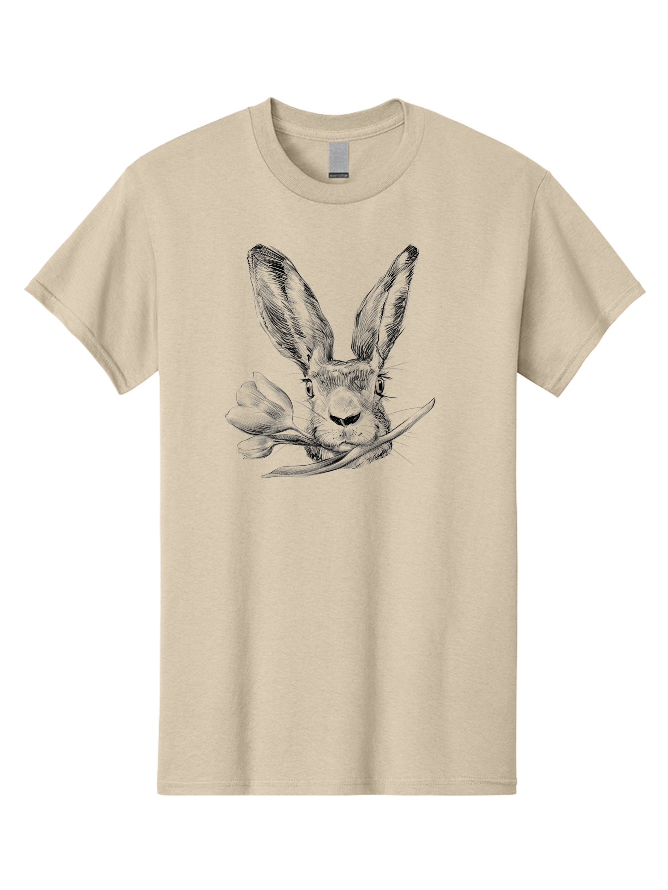 Rabbit-Head-With-Tulip Men'S Graphic Tee, 100% Cotton, Comfortable Casual Summer Wear, Machine Washable, Rabbit Holding Tulip, Pencil Sketch, Realistic Drawing, Detailed Artwork, Floral Theme, Spring Inspiration, Delicate Lines, Aac265 25