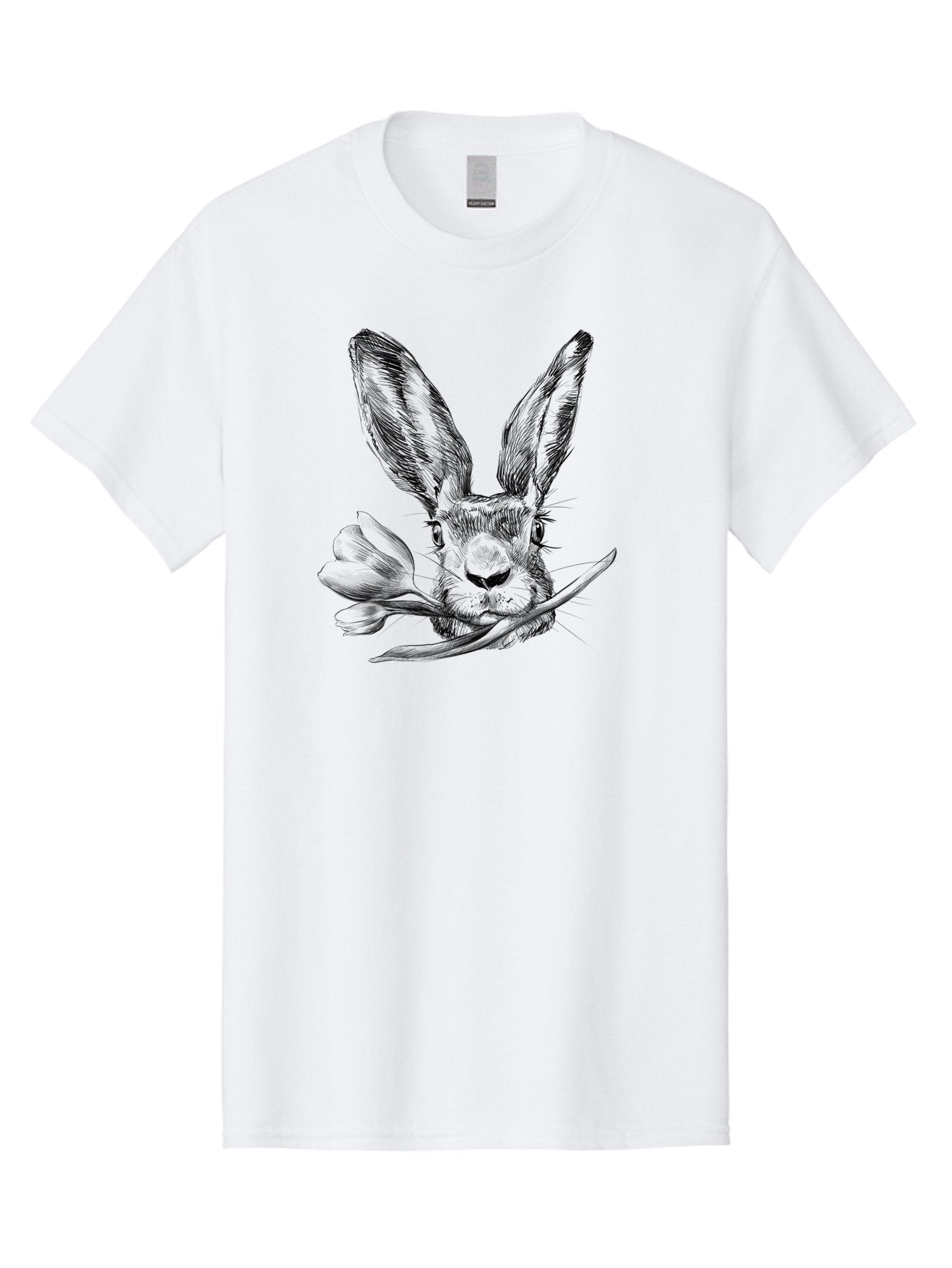 Rabbit-Head-With-Tulip Men'S Graphic Tee, 100% Cotton, Comfortable Casual Summer Wear, Machine Washable, Rabbit Holding Tulip, Pencil Sketch, Realistic Drawing, Detailed Artwork, Floral Theme, Spring Inspiration, Delicate Lines, Aac265
