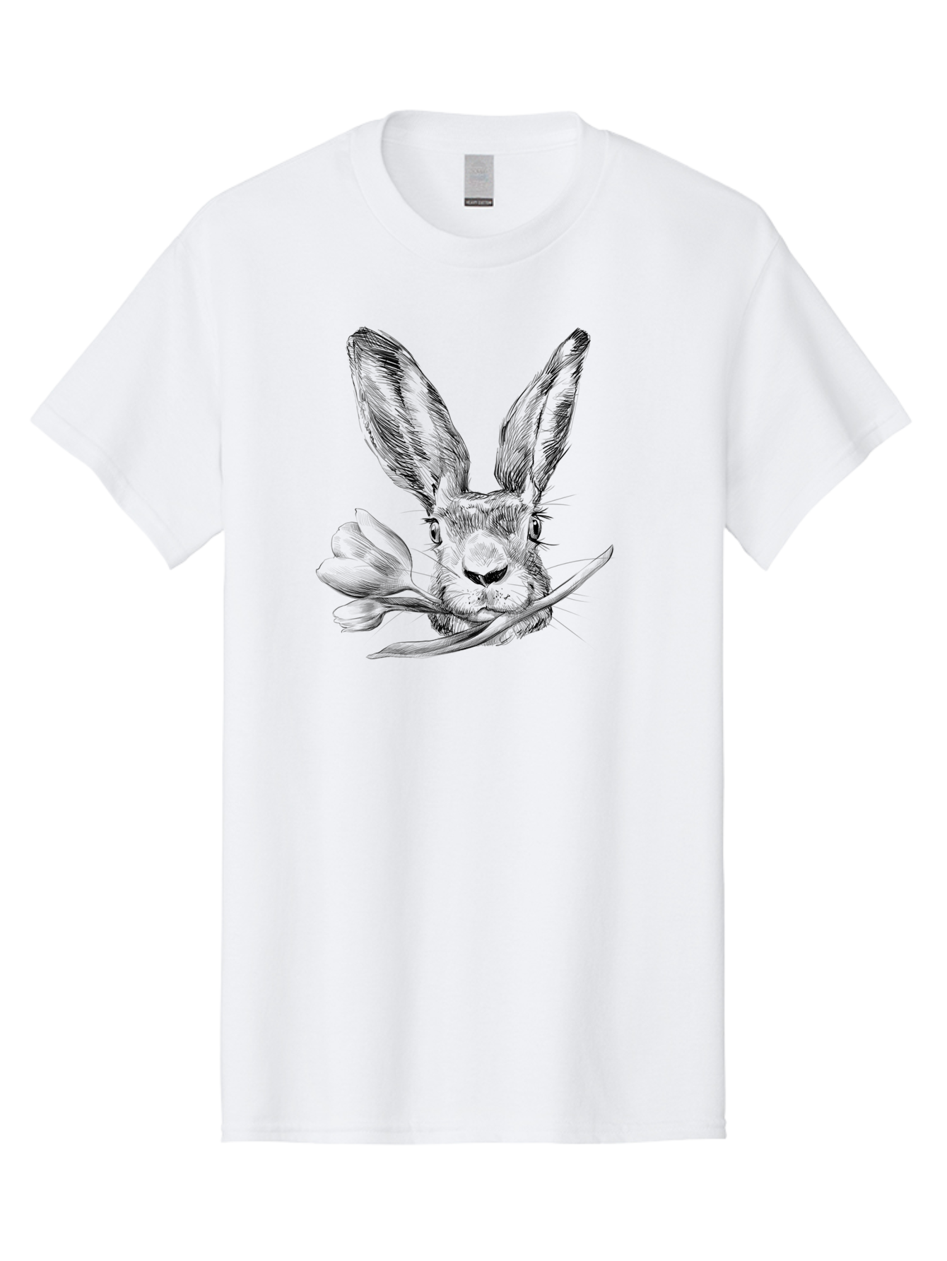 Rabbit-Head-With-Tulip Men'S Graphic Tee, 100% Cotton, Comfortable Casual Summer Wear, Machine Washable, Rabbit Holding Tulip, Pencil Sketch, Realistic Drawing, Detailed Artwork, Floral Theme, Spring Inspiration, Delicate Lines, Aac265 21