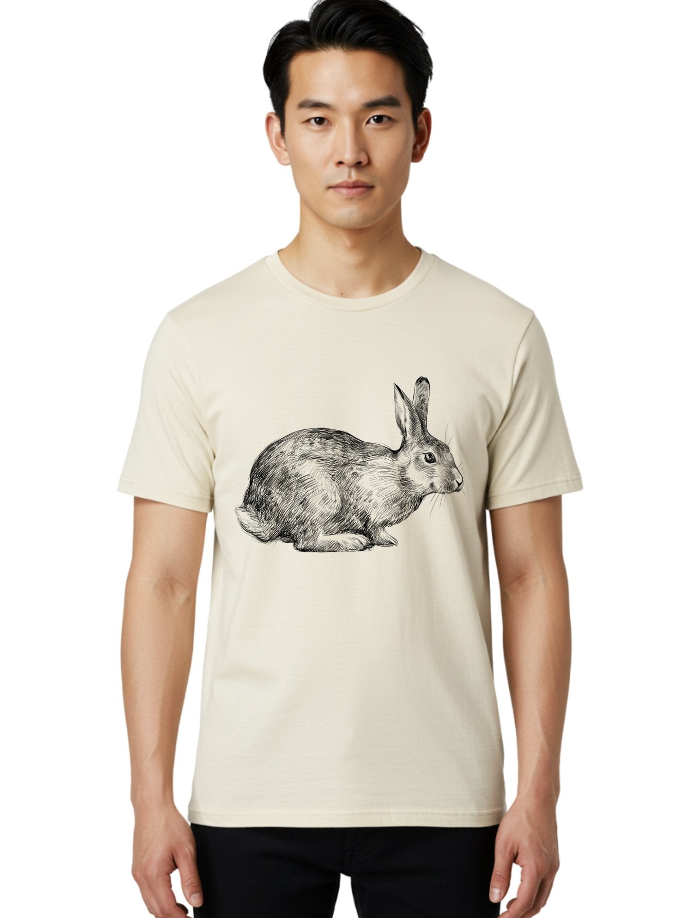 Rabbit-Illustration Men'S Graphic Tee, 100% Cotton, Comfortable Casual Summer Wear, Machine Washable, Detailed Illustration, Rabbit Art, Wildlife Graphics, Nature-Inspired Designs, Furry Creature, Sketch Style, Cute Animal, Whimsical Charm Aac266 25