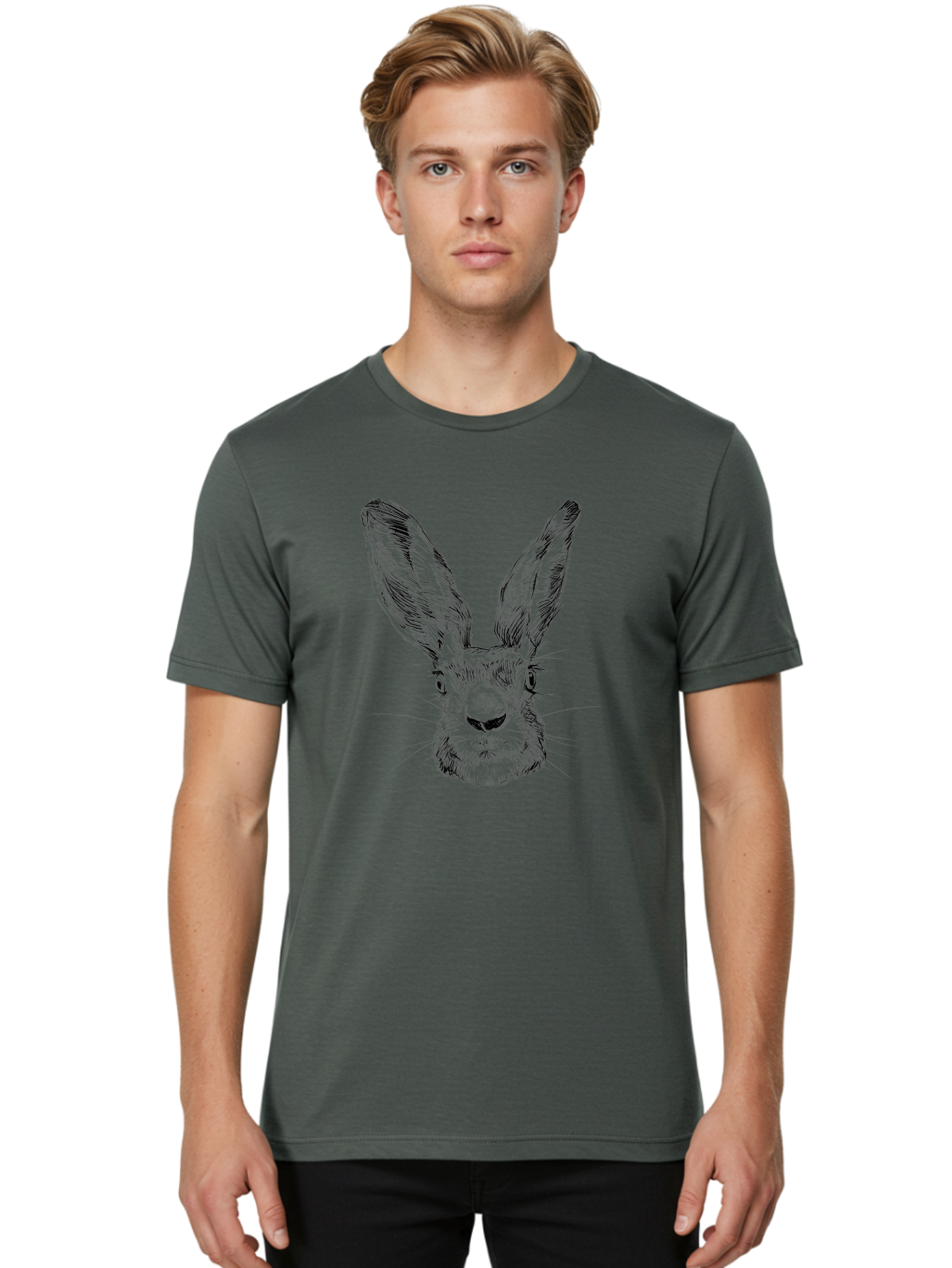 Rabbit-Sketch Men'S Graphic Tee, 100% Cotton, Comfortable Casual Summer Wear, Machine Washable, Rabbit Portrait, Detailed Illustration, Black And White Artwork, Long Ears, Whiskers, Wild Rabbit, Nature-Inspired Design, Sketch Style, Animal Art Aac267 20