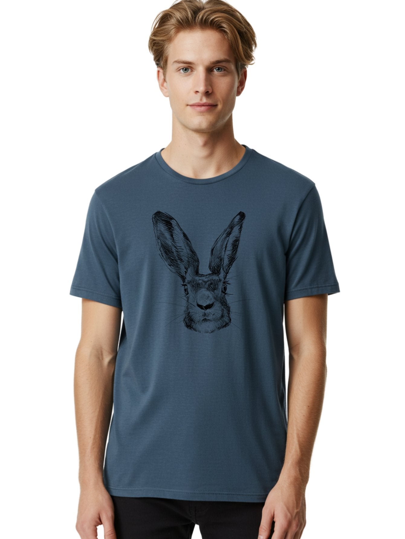 Rabbit-Sketch Men'S Graphic Tee, 100% Cotton, Comfortable Casual Summer Wear, Machine Washable, Rabbit Portrait, Detailed Illustration, Black And White Artwork, Long Ears, Whiskers, Wild Rabbit, Nature-Inspired Design, Sketch Style, Animal Art Aac267 17