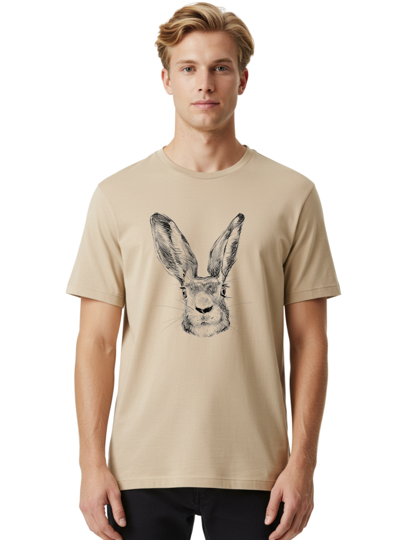 Rabbit-Sketch Men'S Graphic Tee, 100% Cotton, Comfortable Casual Summer Wear, Machine Washable, Rabbit Portrait, Detailed Illustration, Black And White Artwork, Long Ears, Whiskers, Wild Rabbit, Nature-Inspired Design, Sketch Style, Animal Art Aac267 4