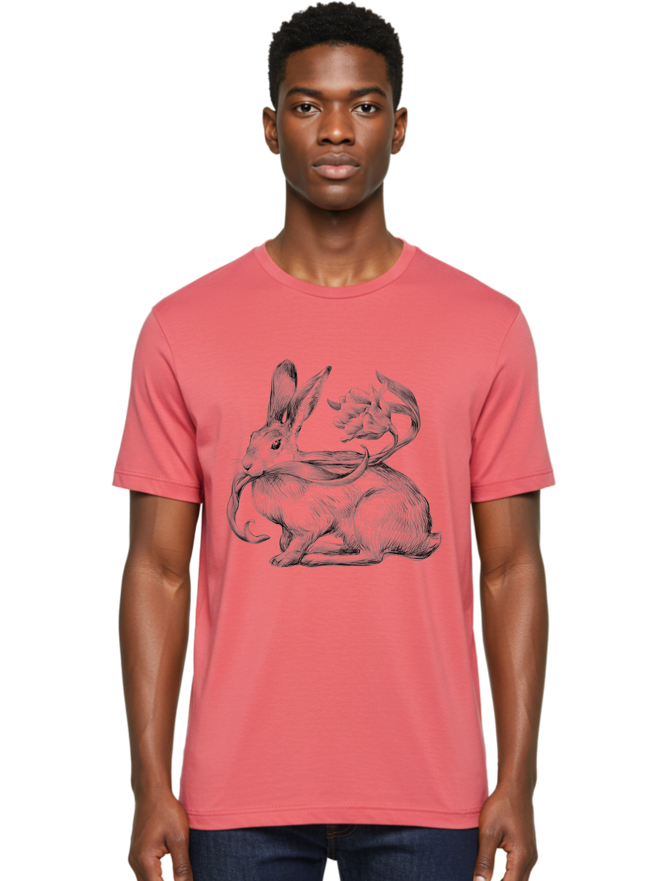 Rabbit-With-Floral-Tail Men'S Graphic Tee, 100% Cotton, Comfortable Casual Summer Wear, Machine Washable, Jackalope, Mythical Creature, Rabbit With Antlers, Fantasy Art, Surreal Illustration, Whimsical Design, Folk Art, Western Mythology, Aac268 30