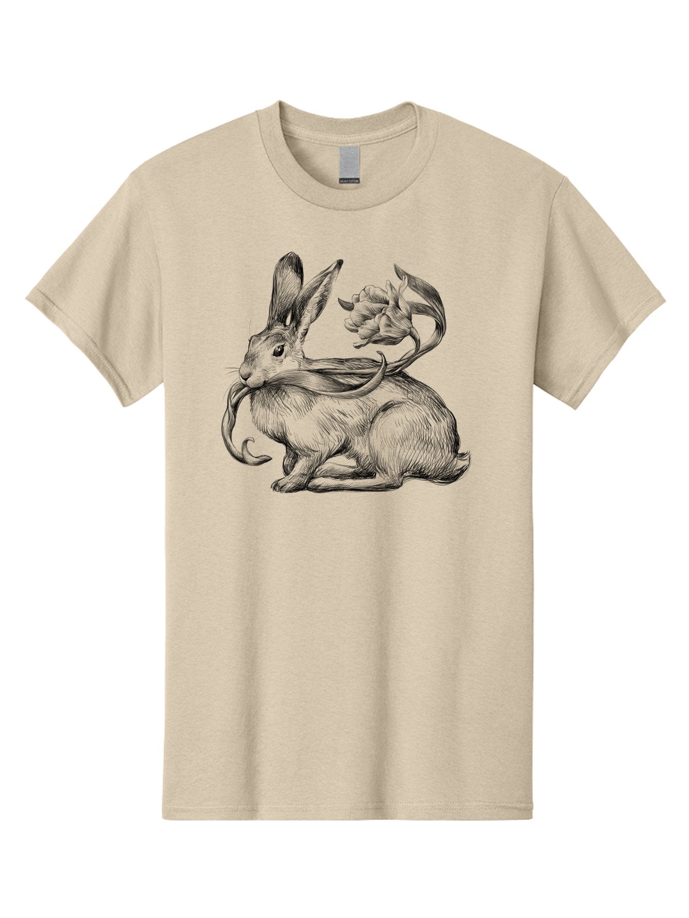 Rabbit-With-Floral-Tail Men'S Graphic Tee, 100% Cotton, Comfortable Casual Summer Wear, Machine Washable, Jackalope, Mythical Creature, Rabbit With Antlers, Fantasy Art, Surreal Illustration, Whimsical Design, Folk Art, Western Mythology, Aac268