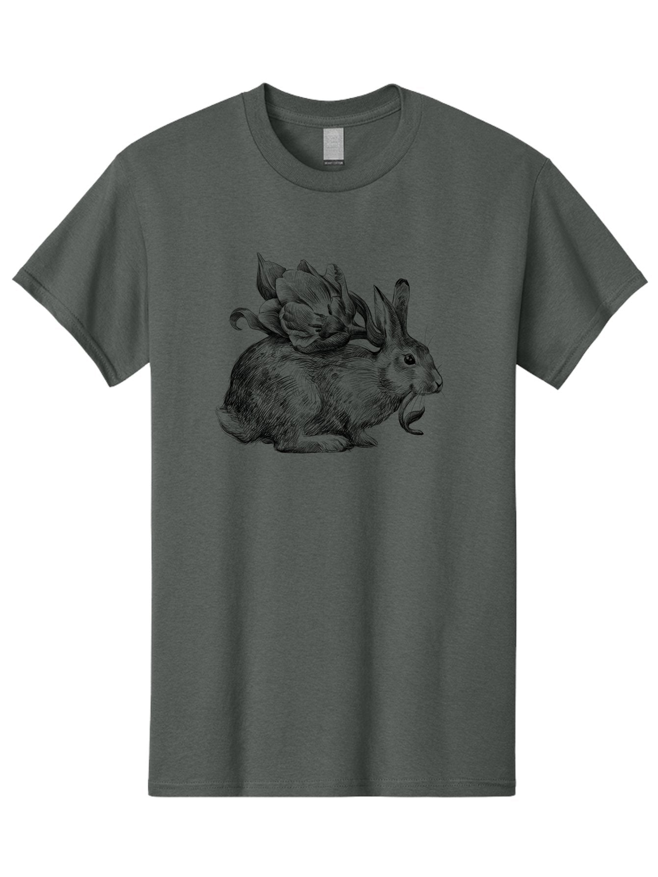 Rabbit-With-Flowers-1 Men'S Graphic Tee, 100% Cotton, Comfortable Casual Summer Wear, Machine Washable, Rabbit With Tulip On Its Back, Floral Design, Intricate Details, Whimsical Illustration, Fantasy Art, Spring Theme, Cute Rabbit, Aac269