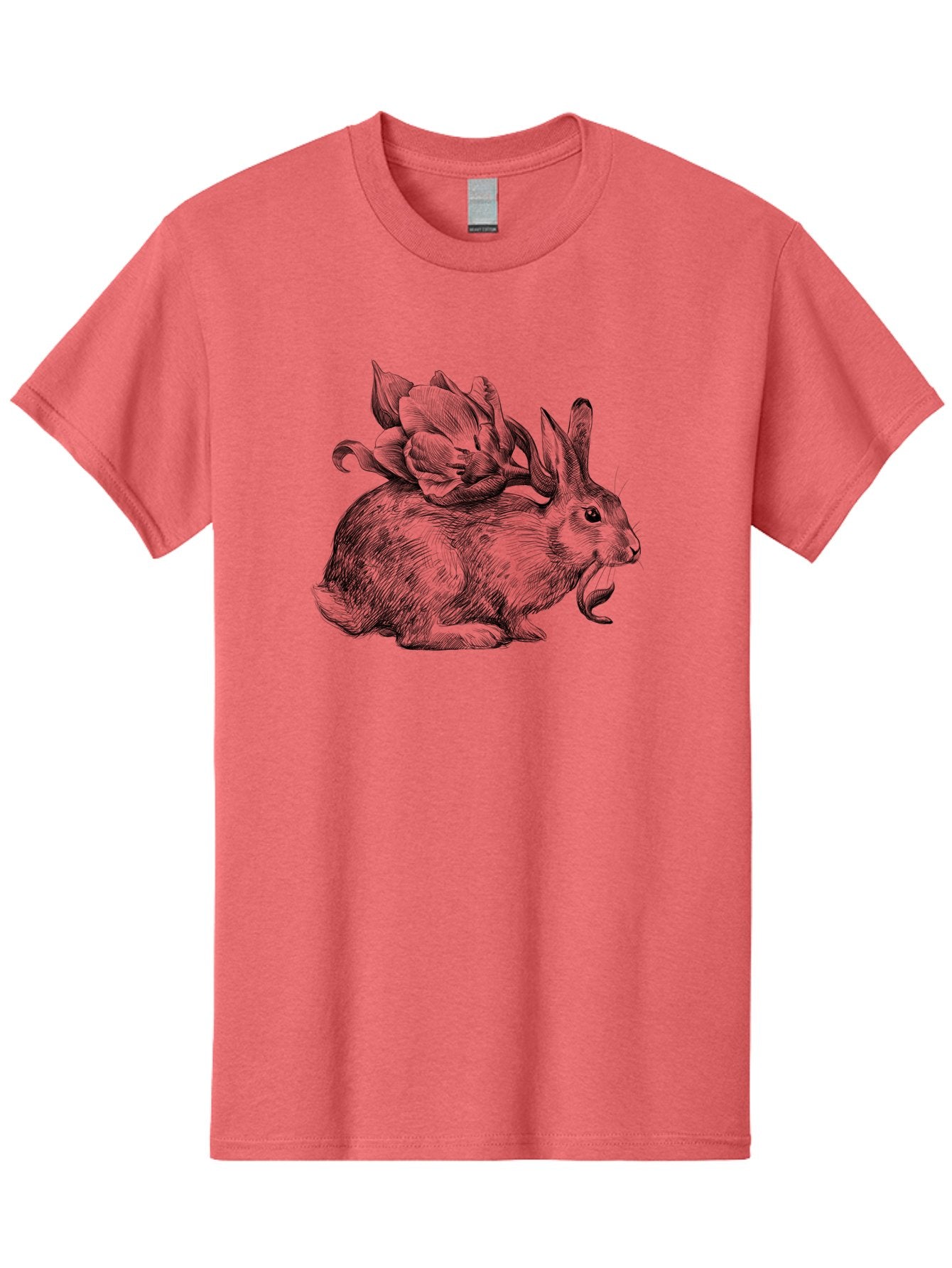 Rabbit-With-Flowers-1 Men'S Graphic Tee, 100% Cotton, Comfortable Casual Summer Wear, Machine Washable, Rabbit With Tulip On Its Back, Floral Design, Intricate Details, Whimsical Illustration, Fantasy Art, Spring Theme, Cute Rabbit, Aac269 12