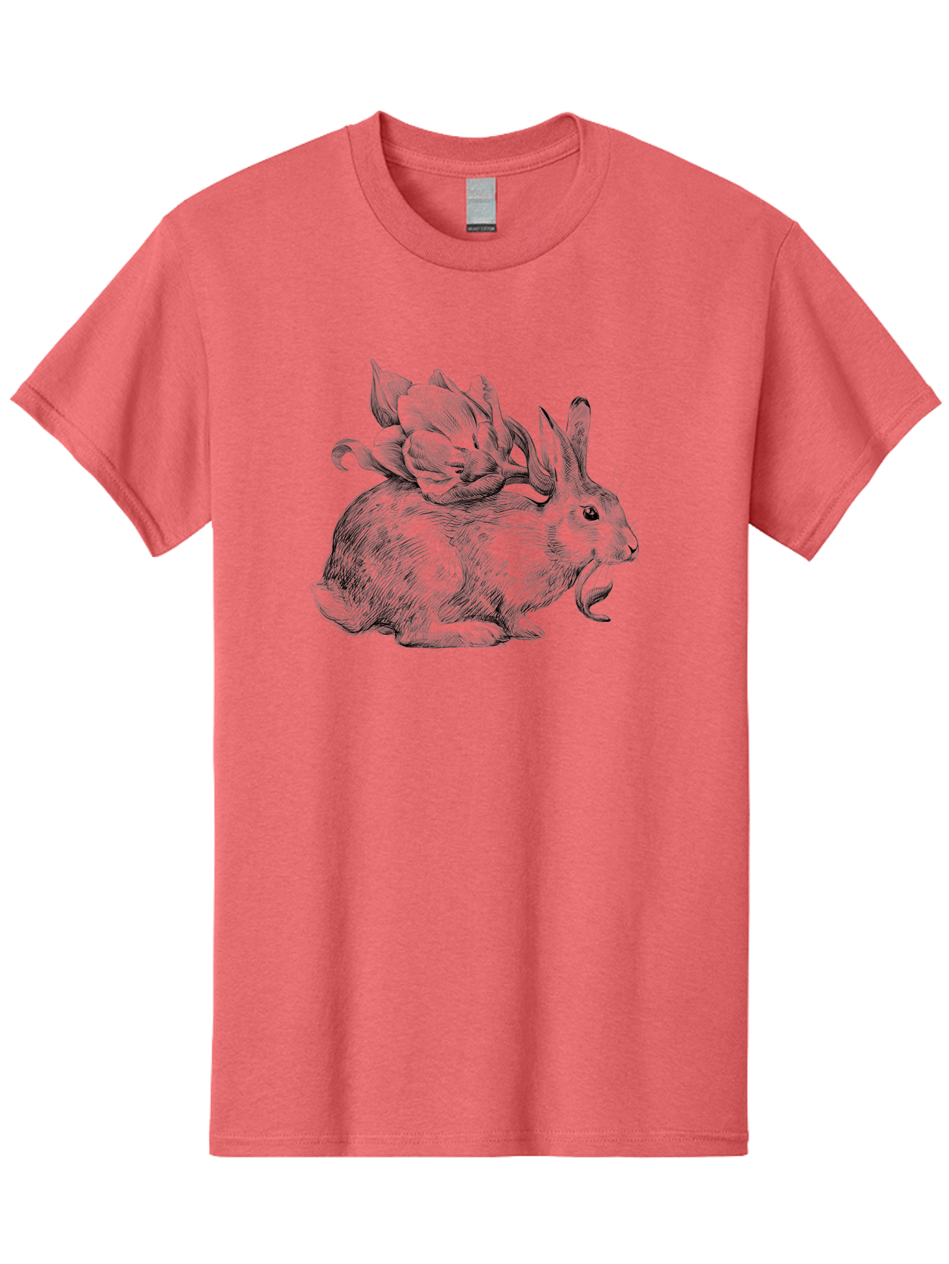 Rabbit-With-Flowers-1 Men'S Graphic Tee, 100% Cotton, Comfortable Casual Summer Wear, Machine Washable, Rabbit With Tulip On Its Back, Floral Design, Intricate Details, Whimsical Illustration, Fantasy Art, Spring Theme, Cute Rabbit, Aac269 5