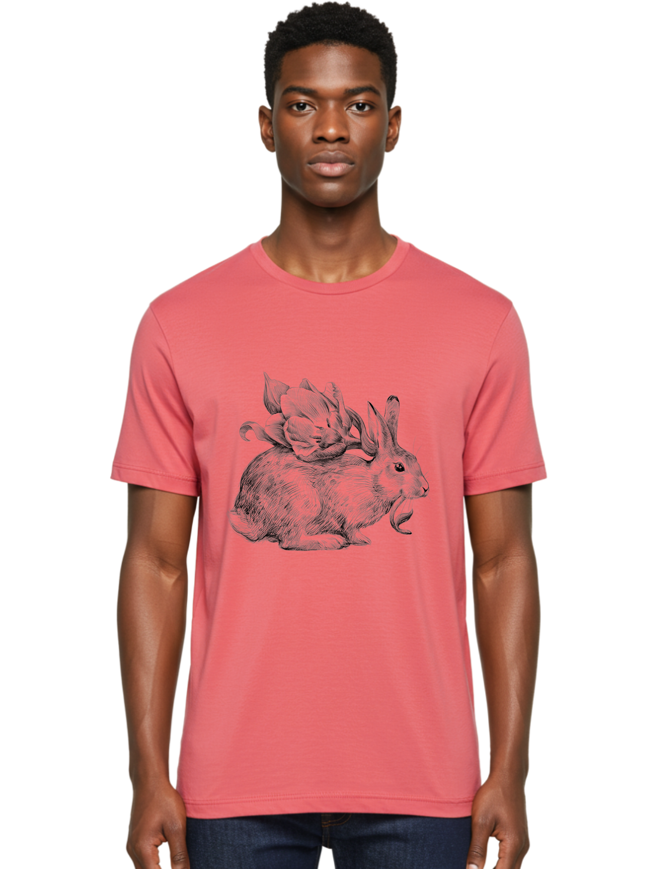 Rabbit-With-Flowers-1 Men'S Graphic Tee, 100% Cotton, Comfortable Casual Summer Wear, Machine Washable, Rabbit With Tulip On Its Back, Floral Design, Intricate Details, Whimsical Illustration, Fantasy Art, Spring Theme, Cute Rabbit, Aac269 6