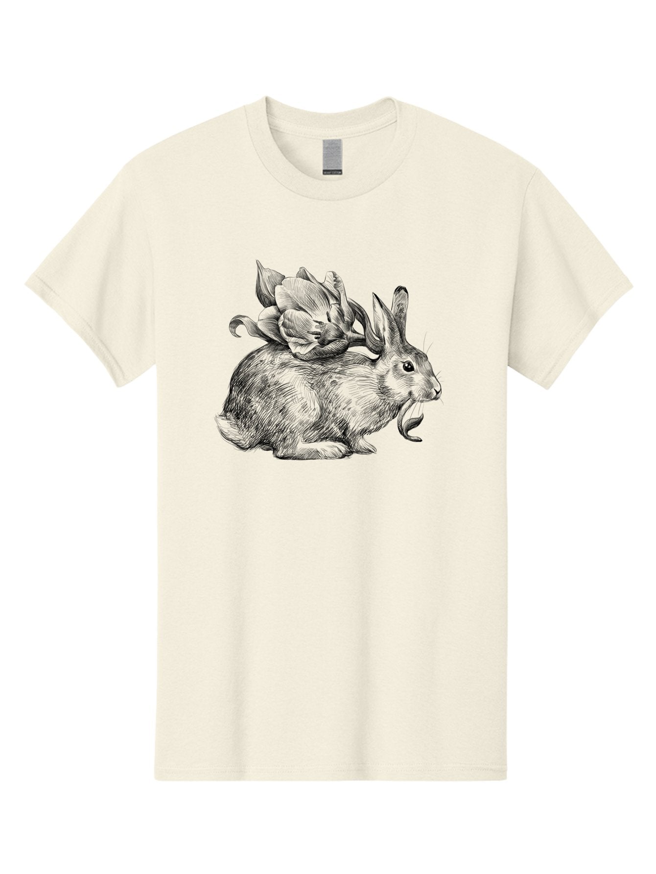 Rabbit-With-Flowers-1 Men'S Graphic Tee, 100% Cotton, Comfortable Casual Summer Wear, Machine Washable, Rabbit With Tulip On Its Back, Floral Design, Intricate Details, Whimsical Illustration, Fantasy Art, Spring Theme, Cute Rabbit, Aac269 11