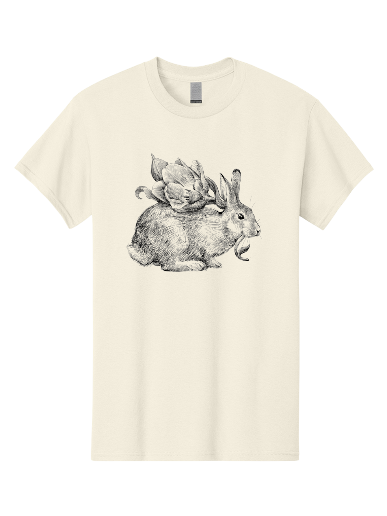Rabbit-With-Flowers-1 Men'S Graphic Tee, 100% Cotton, Comfortable Casual Summer Wear, Machine Washable, Rabbit With Tulip On Its Back, Floral Design, Intricate Details, Whimsical Illustration, Fantasy Art, Spring Theme, Cute Rabbit, Aac269 7