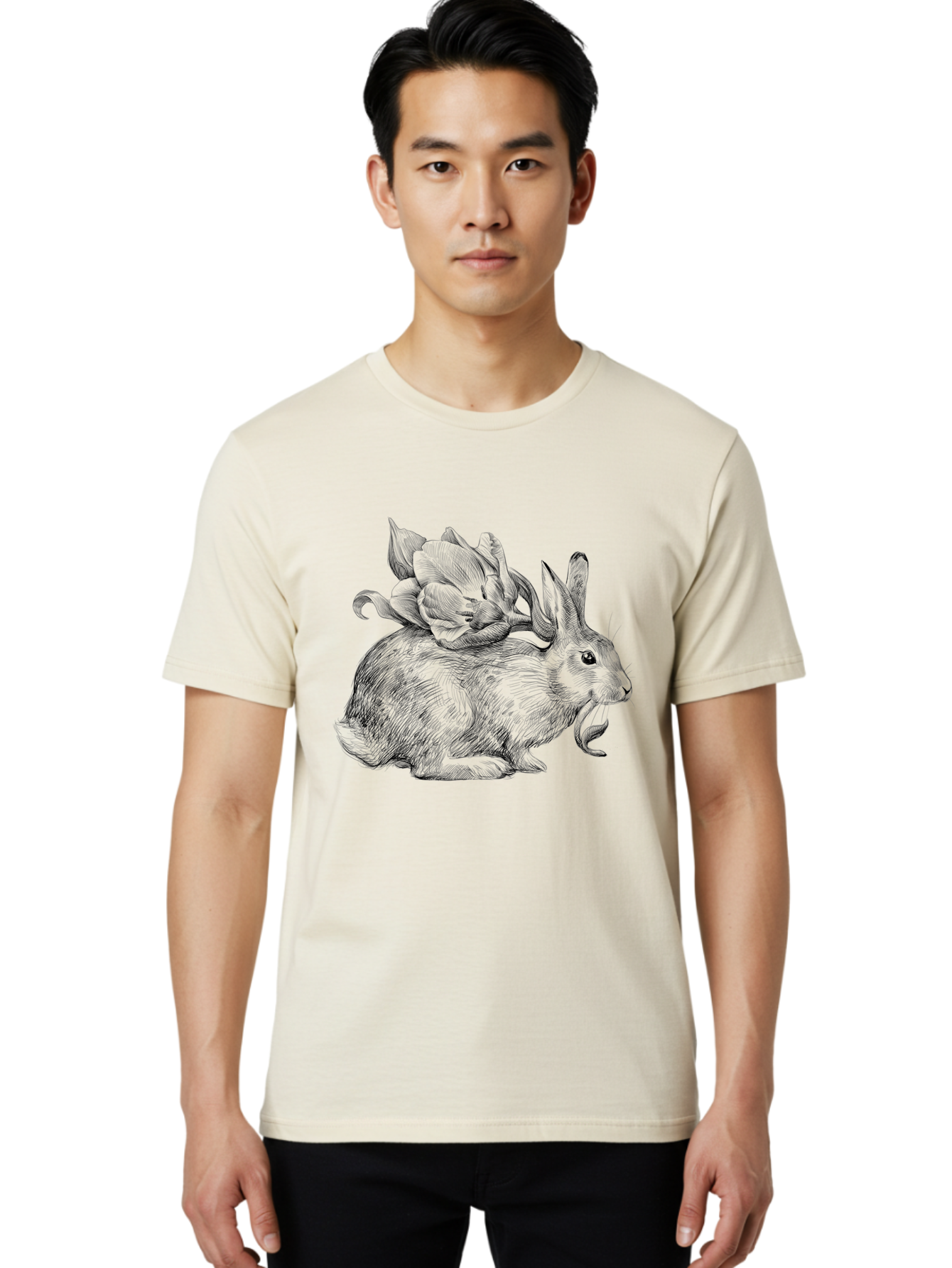 Rabbit-With-Flowers-1 Men'S Graphic Tee, 100% Cotton, Comfortable Casual Summer Wear, Machine Washable, Rabbit With Tulip On Its Back, Floral Design, Intricate Details, Whimsical Illustration, Fantasy Art, Spring Theme, Cute Rabbit, Aac269 8