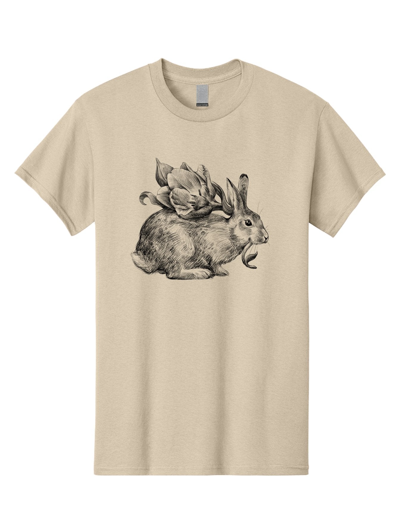 Rabbit-With-Flowers-1 Men'S Graphic Tee, 100% Cotton, Comfortable Casual Summer Wear, Machine Washable, Rabbit With Tulip On Its Back, Floral Design, Intricate Details, Whimsical Illustration, Fantasy Art, Spring Theme, Cute Rabbit, Aac269 5