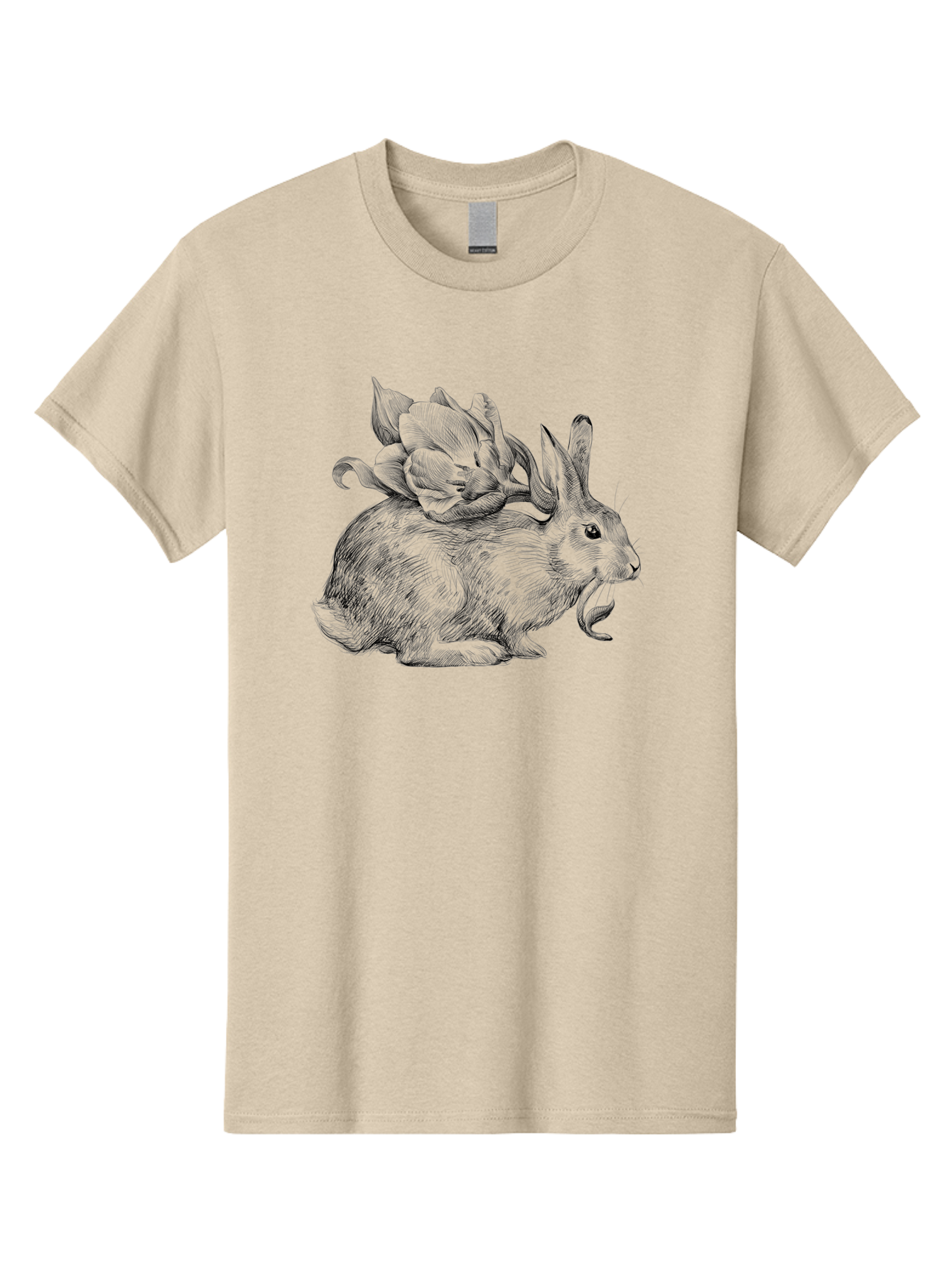 Rabbit-With-Flowers-1 Men'S Graphic Tee, 100% Cotton, Comfortable Casual Summer Wear, Machine Washable, Rabbit With Tulip On Its Back, Floral Design, Intricate Details, Whimsical Illustration, Fantasy Art, Spring Theme, Cute Rabbit, Aac269 15