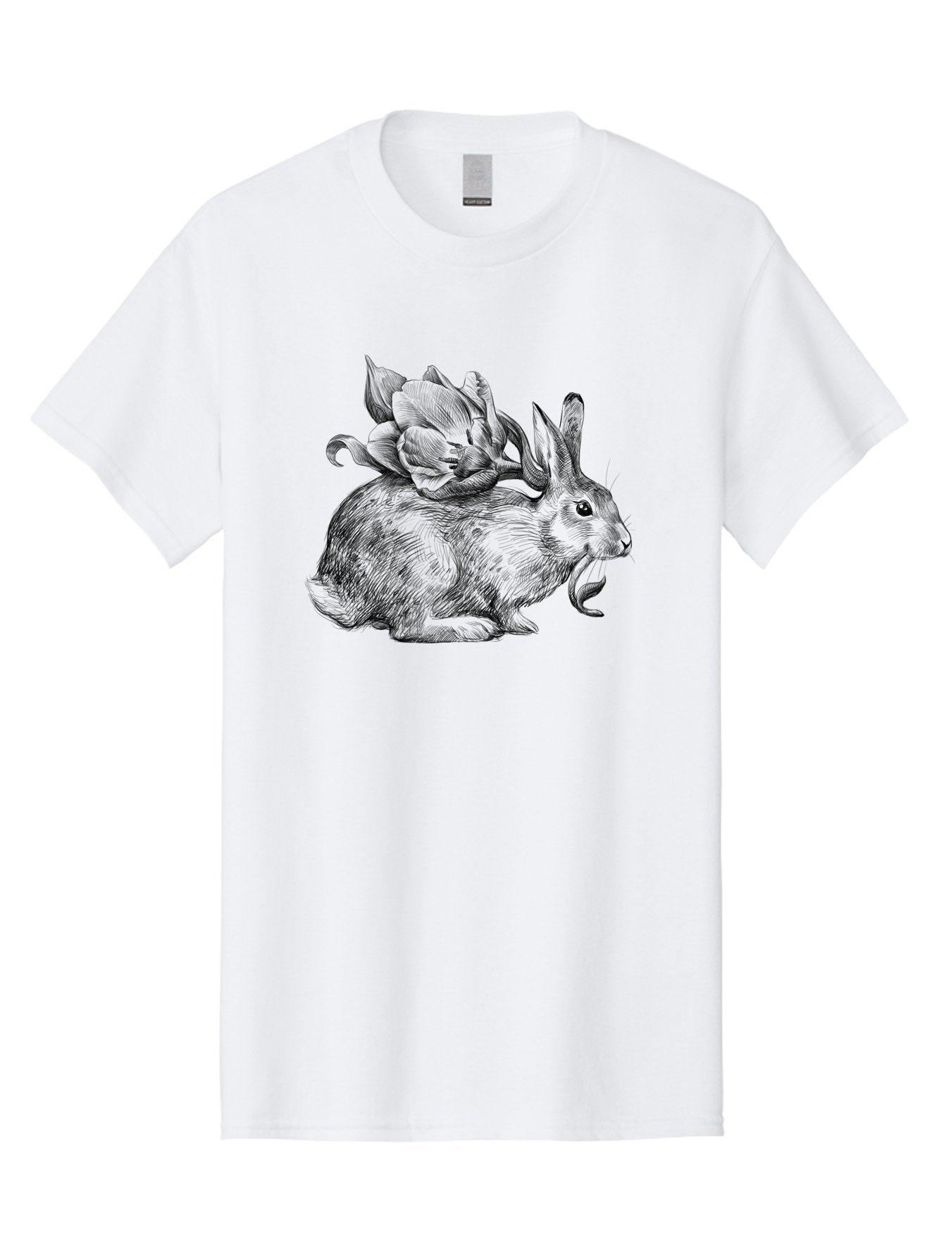Rabbit-With-Flowers-1 Men'S Graphic Tee, 100% Cotton, Comfortable Casual Summer Wear, Machine Washable, Rabbit With Tulip On Its Back, Floral Design, Intricate Details, Whimsical Illustration, Fantasy Art, Spring Theme, Cute Rabbit, Aac269 10