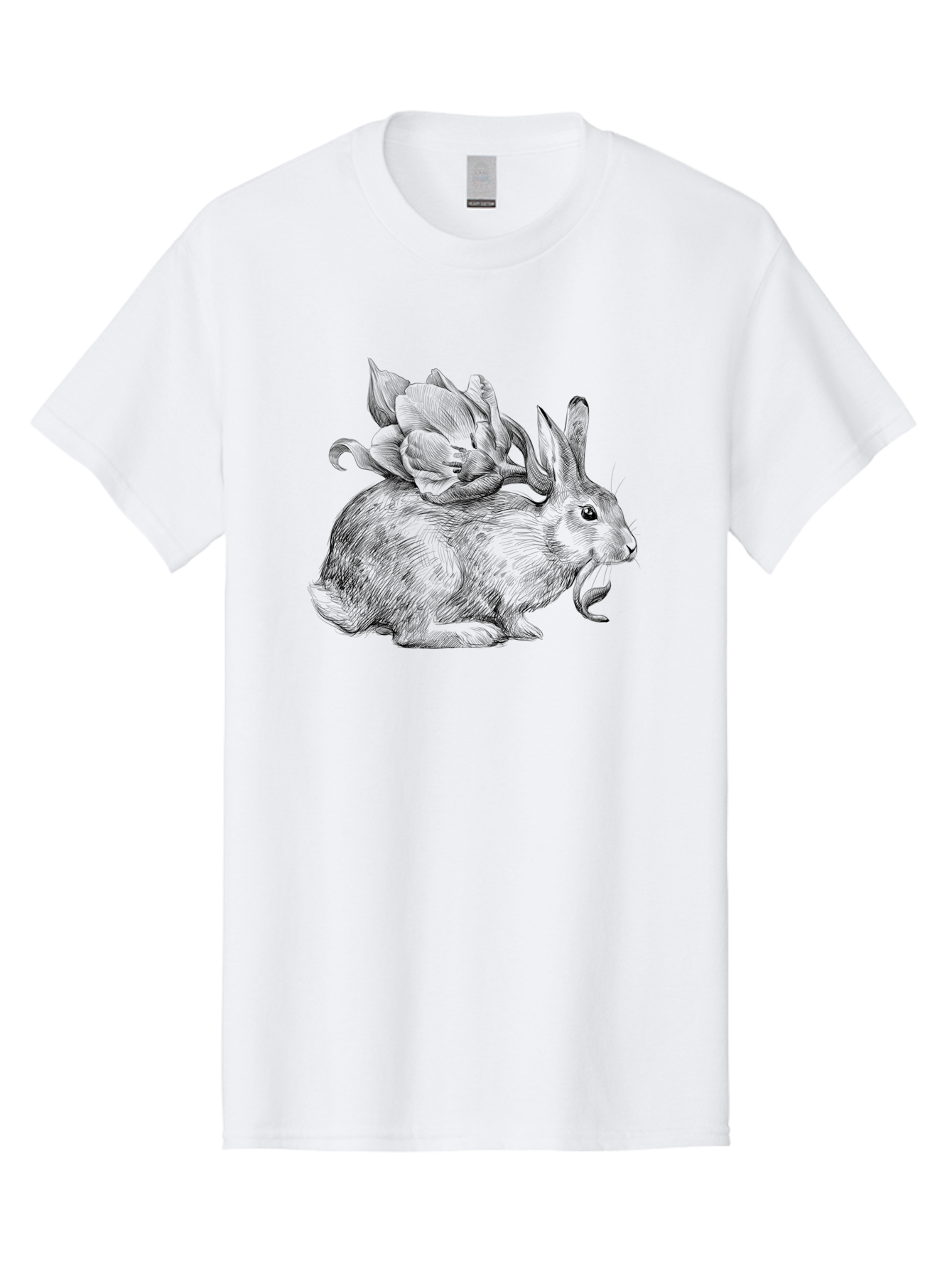 Rabbit-With-Flowers-1 Men'S Graphic Tee, 100% Cotton, Comfortable Casual Summer Wear, Machine Washable, Rabbit With Tulip On Its Back, Floral Design, Intricate Details, Whimsical Illustration, Fantasy Art, Spring Theme, Cute Rabbit, Aac269 27