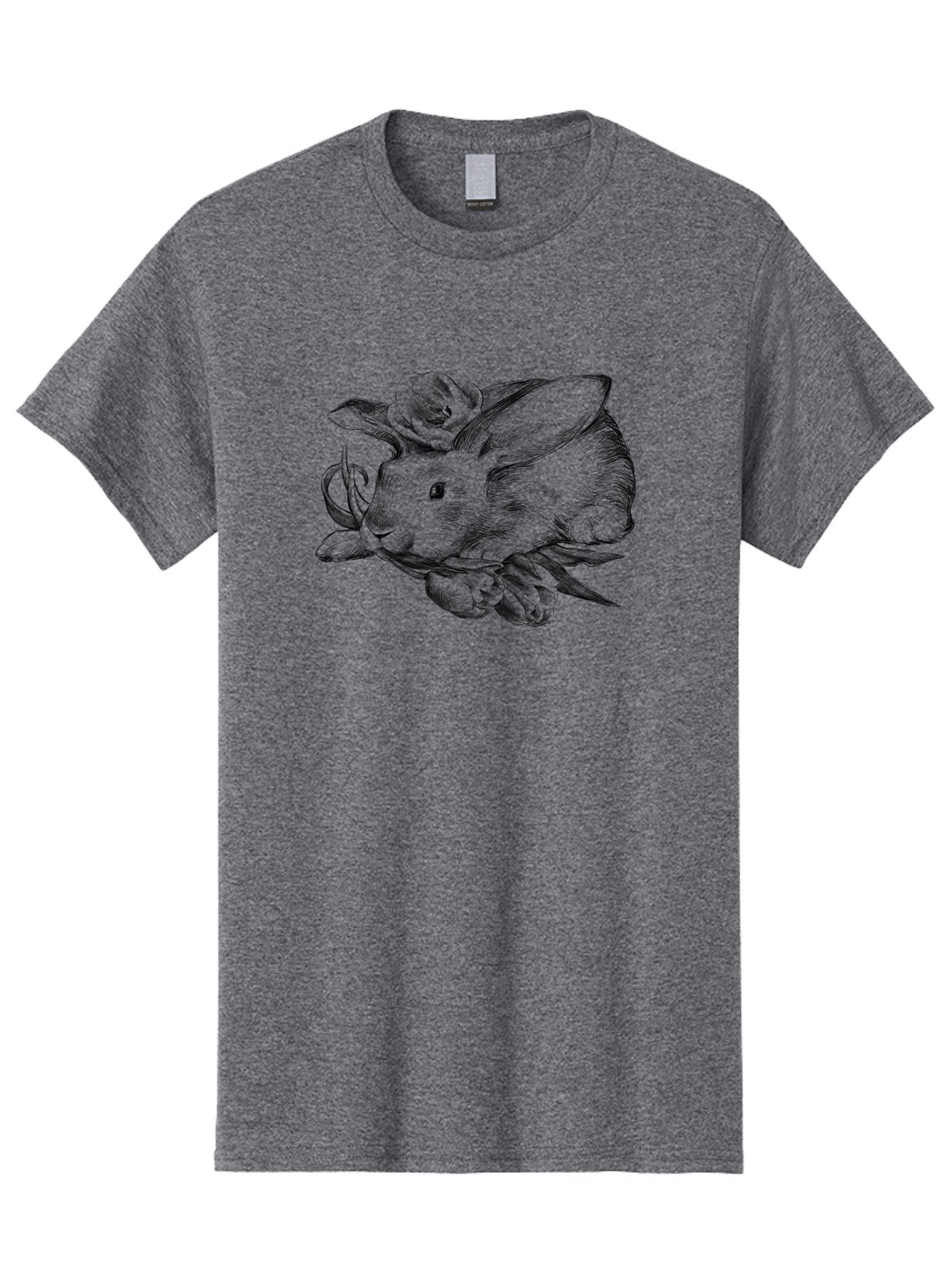 Rabbit-With-Flowers Men'S Graphic Tee, 100% Cotton, Comfortable Casual Summer Wear, Machine Washable, Rabbit Surrounded By Tulips, Floral Arrangement, Ink Illustration, Detailed Drawing, Rabbit With Flowers, Spring Theme, Botanical Art, Aac270 13