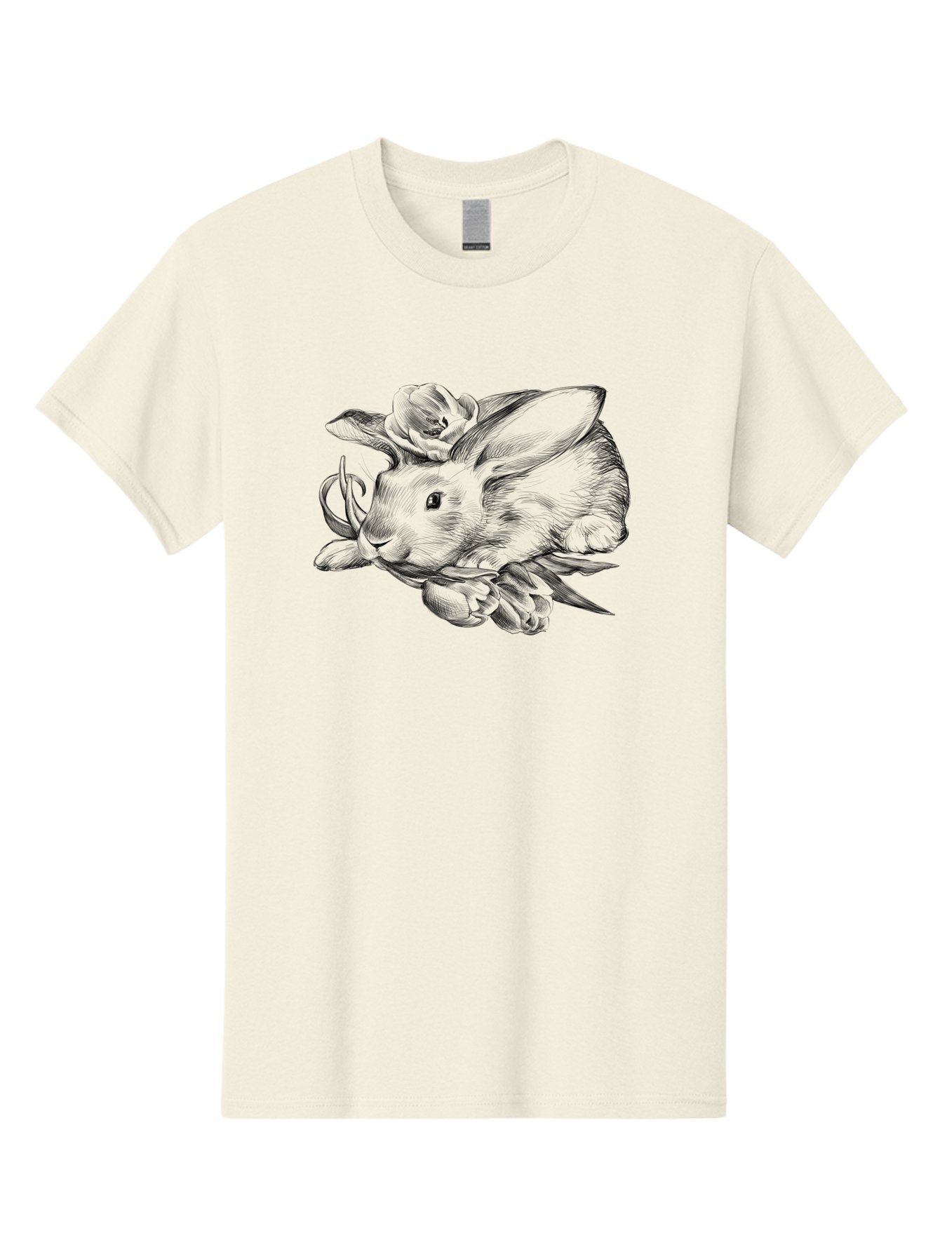 Rabbit-With-Flowers Men'S Graphic Tee, 100% Cotton, Comfortable Casual Summer Wear, Machine Washable, Rabbit Surrounded By Tulips, Floral Arrangement, Ink Illustration, Detailed Drawing, Rabbit With Flowers, Spring Theme, Botanical Art, Aac270 3