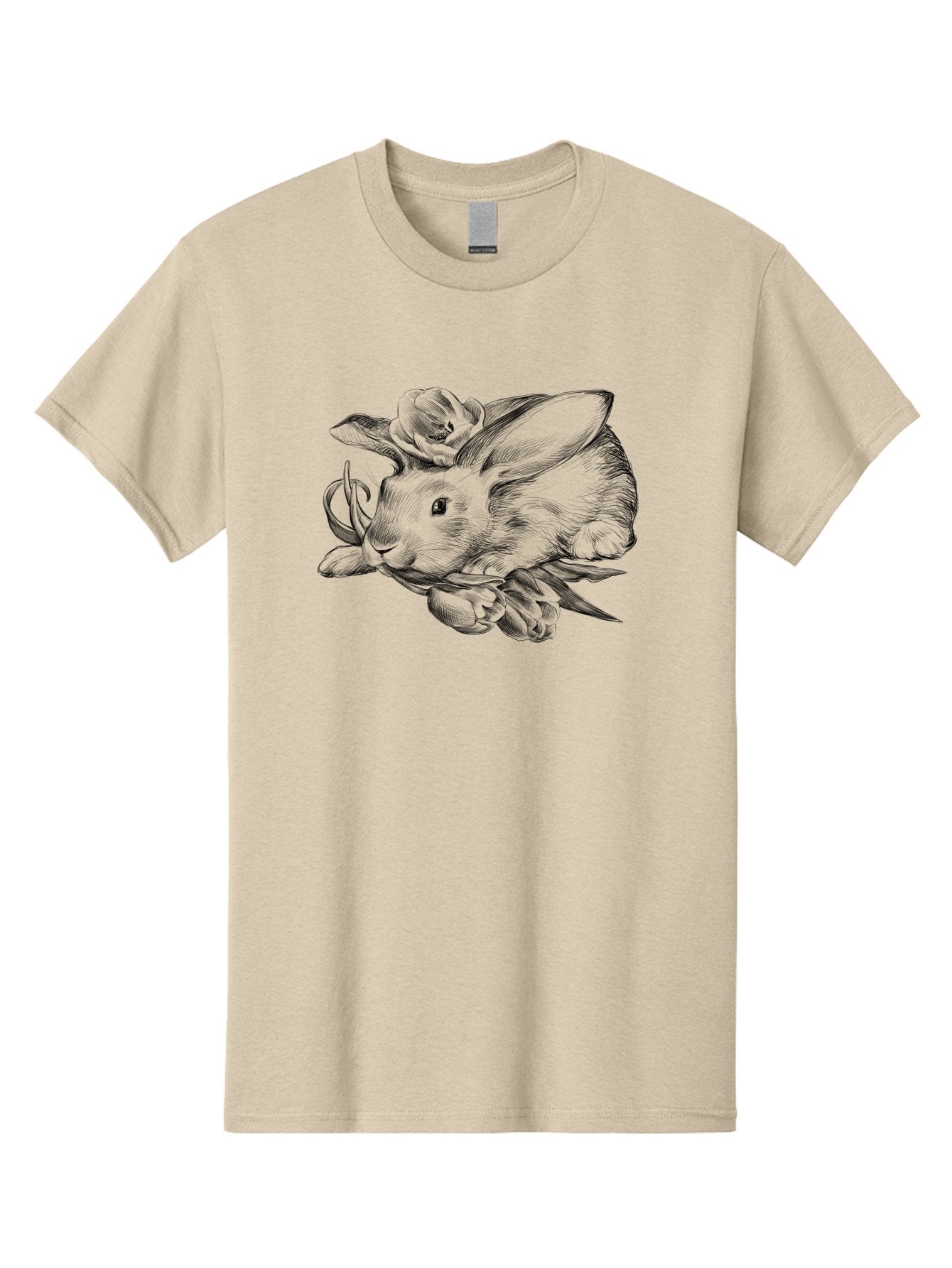 Rabbit-With-Flowers Men'S Graphic Tee, 100% Cotton, Comfortable Casual Summer Wear, Machine Washable, Rabbit Surrounded By Tulips, Floral Arrangement, Ink Illustration, Detailed Drawing, Rabbit With Flowers, Spring Theme, Botanical Art, Aac270 8