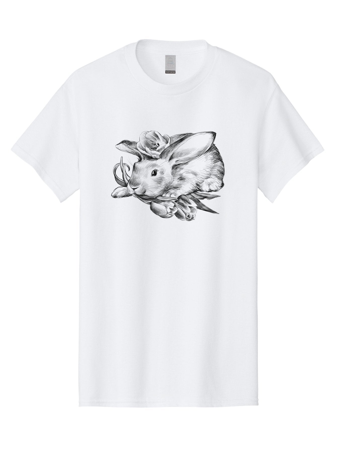 Rabbit-With-Flowers Men'S Graphic Tee, 100% Cotton, Comfortable Casual Summer Wear, Machine Washable, Rabbit Surrounded By Tulips, Floral Arrangement, Ink Illustration, Detailed Drawing, Rabbit With Flowers, Spring Theme, Botanical Art, Aac270 5