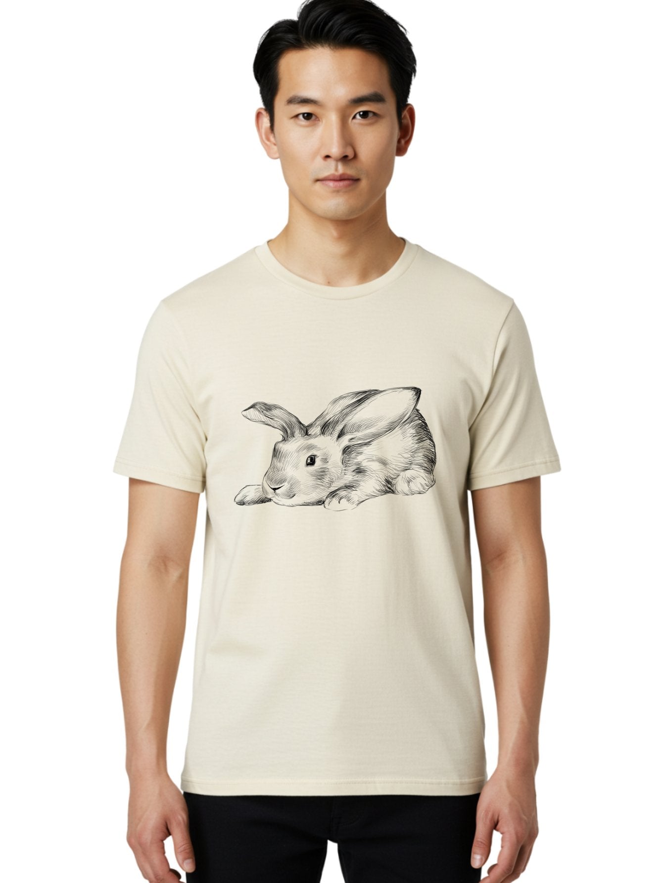 Rabbit Men'S Graphic Tee, 100% Cotton, Comfortable Casual Summer Wear, Machine Washable, Pen And Ink Drawing Of A Resting Rabbit, Cute Rabbit, Rabbit, Bunny, Whiskers, Furry, Rabbit Ears, Pet, Soft Fur, Adorable, Sketch Aac271 24