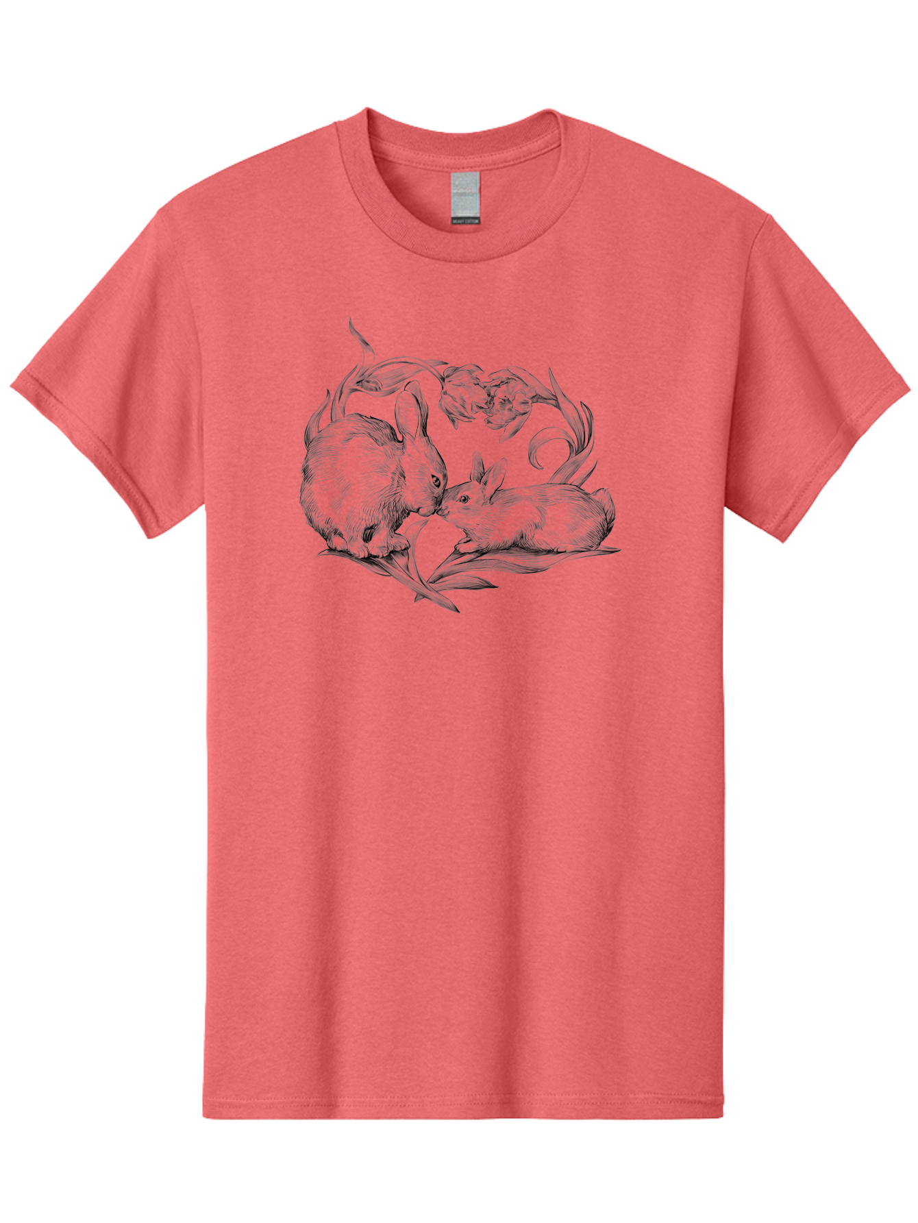 Rabbits Men'S Graphic Tee, 100% Cotton, Comfortable Casual Summer Wear, Machine Washable, Two Rabbits, Tender Moment, Cute Animals, Nuzzling, Floral Motif, Whimsical Design, Vintage Style, Gentle Interaction, Spring Theme Aac272 23