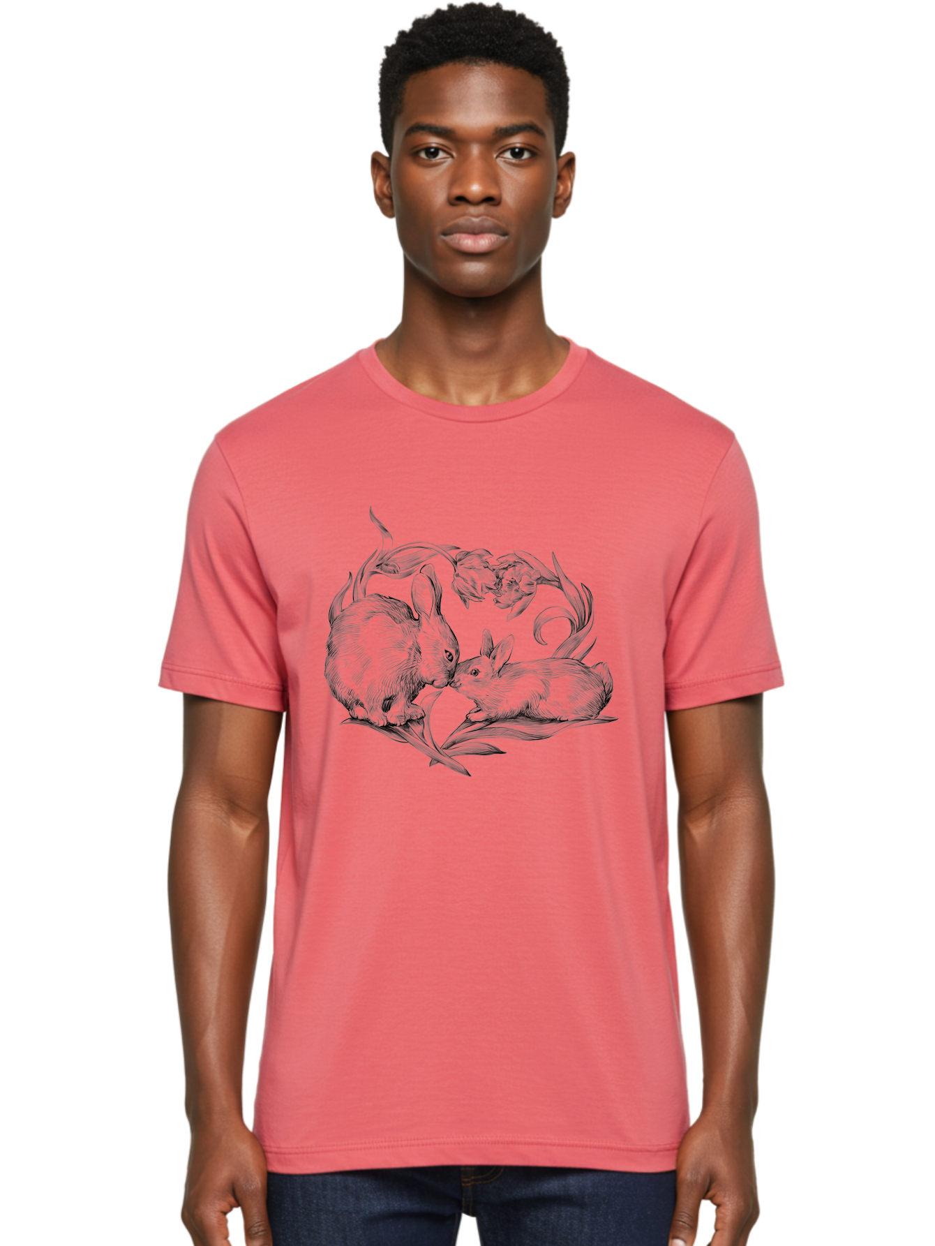 Rabbits Men'S Graphic Tee, 100% Cotton, Comfortable Casual Summer Wear, Machine Washable, Two Rabbits, Tender Moment, Cute Animals, Nuzzling, Floral Motif, Whimsical Design, Vintage Style, Gentle Interaction, Spring Theme Aac272 24