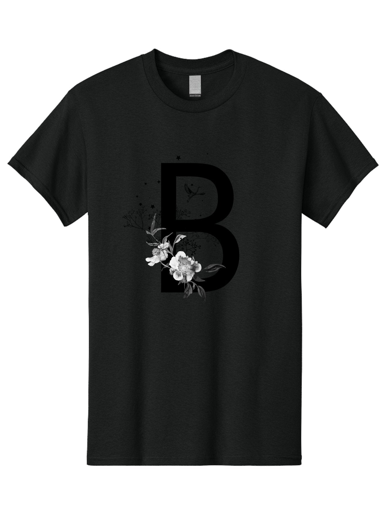 B Men'S Graphic Tee, 100% Cotton, Comfortable Casual Summer Wear, Machine Washable, Large Letter B, Floral Design, White Flowers, Hummingbird, Black Silhouette, Whimsical Illustration, Botanical Art, Black Stars Aac290 10