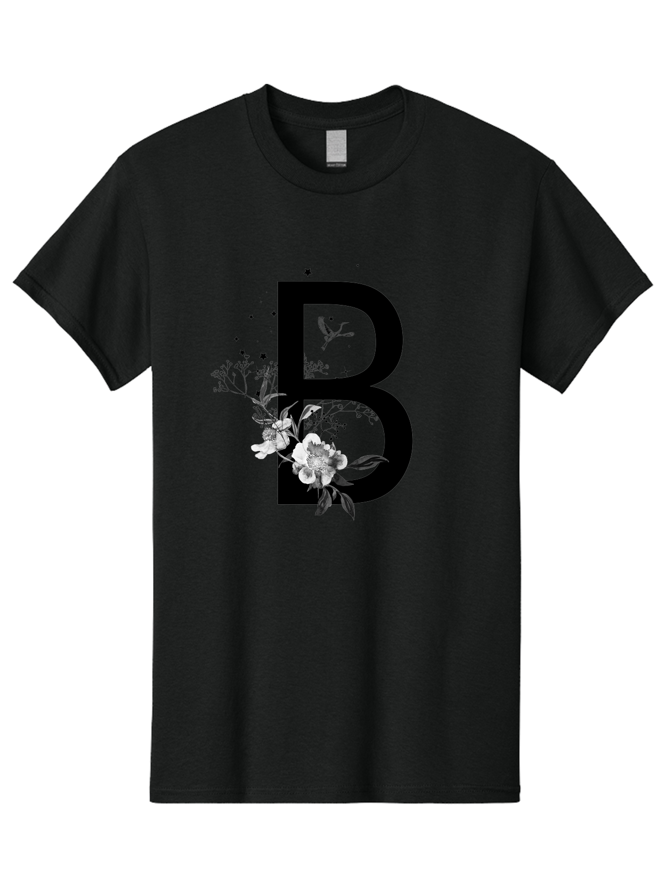 B Men'S Graphic Tee, 100% Cotton, Comfortable Casual Summer Wear, Machine Washable, Large Letter B, Floral Design, White Flowers, Hummingbird, Black Silhouette, Whimsical Illustration, Botanical Art, Black Stars Aac290 27