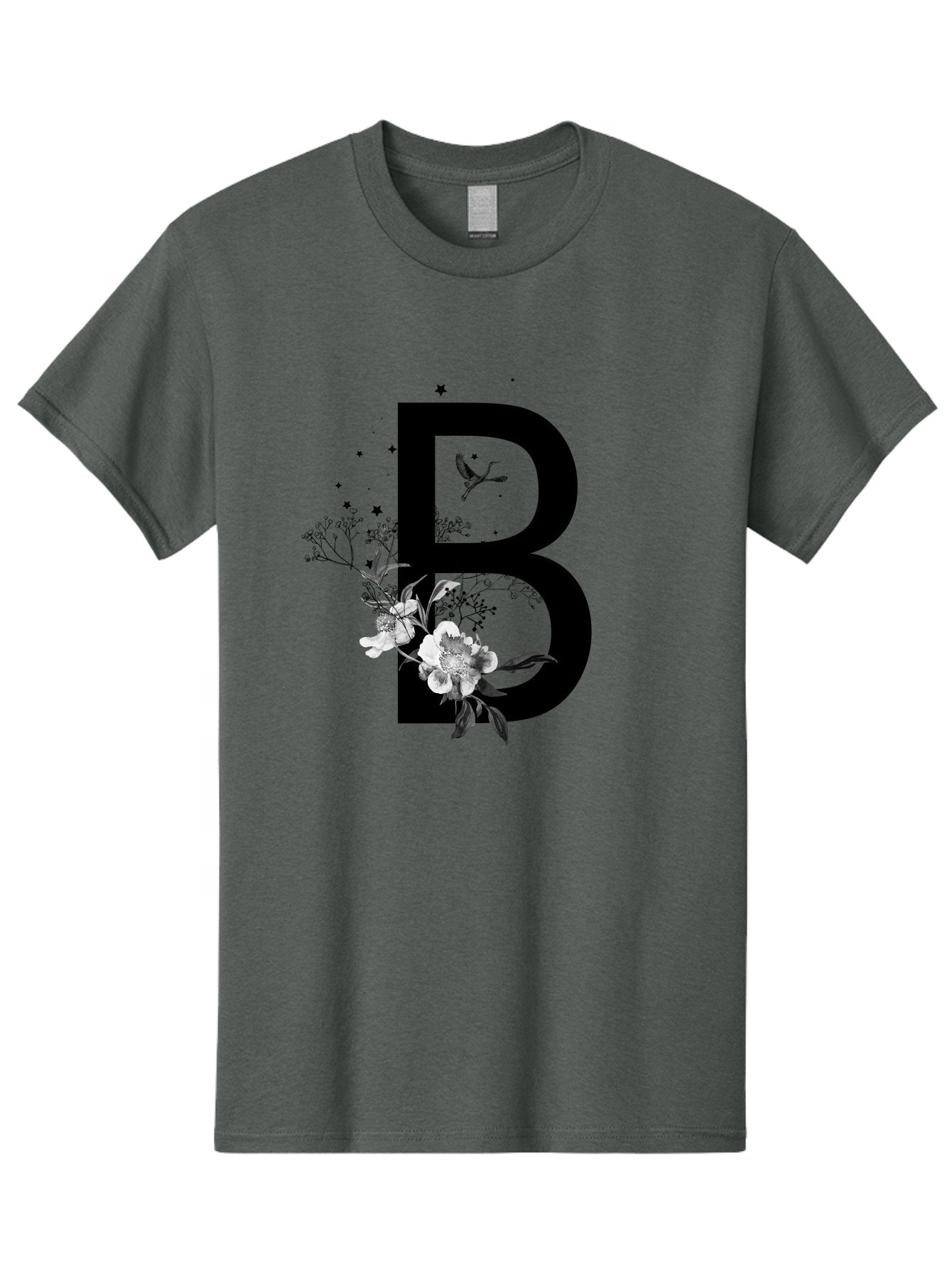 B Men'S Graphic Tee, 100% Cotton, Comfortable Casual Summer Wear, Machine Washable, Large Letter B, Floral Design, White Flowers, Hummingbird, Black Silhouette, Whimsical Illustration, Botanical Art, Black Stars Aac290 3