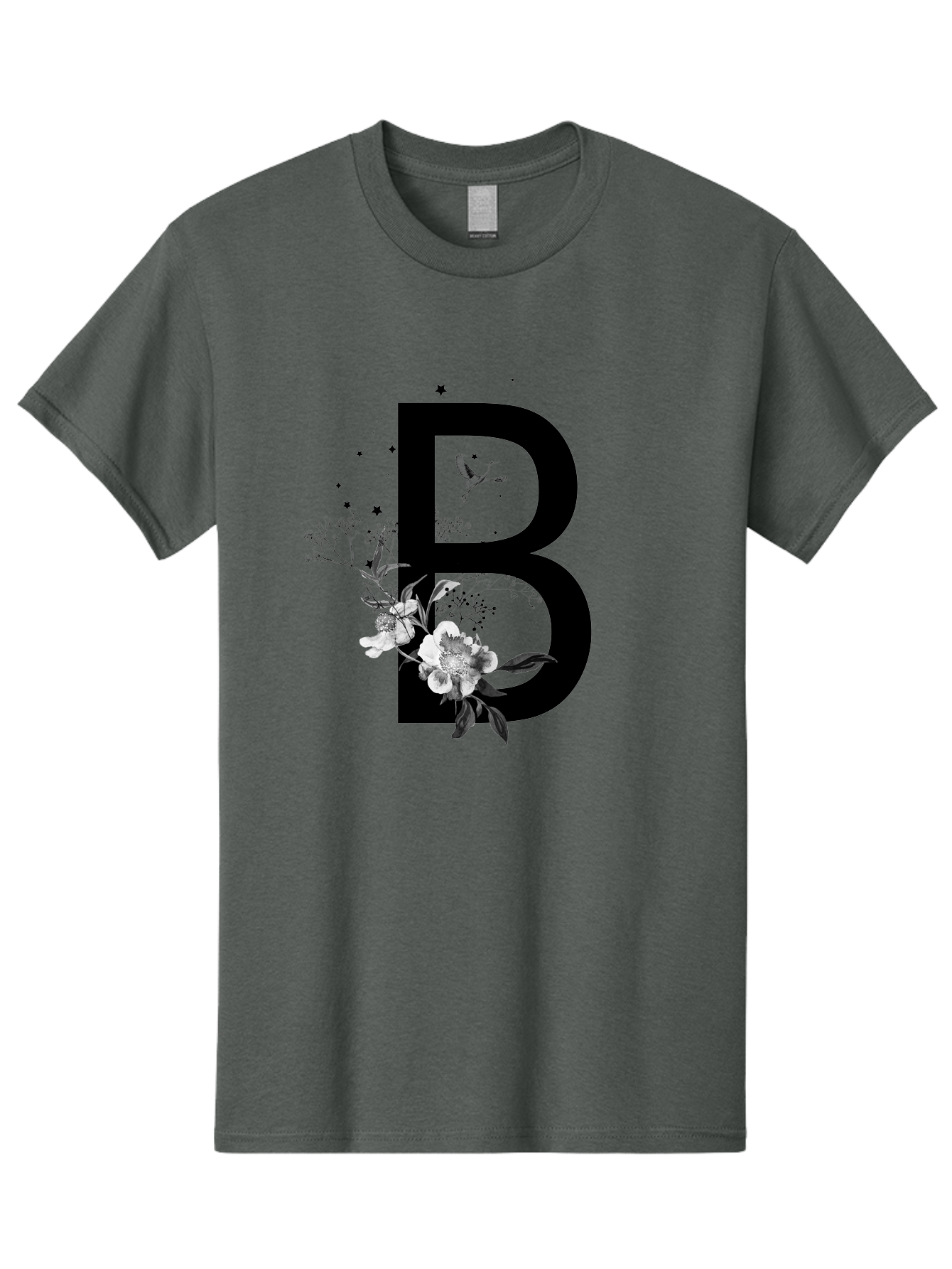B Men'S Graphic Tee, 100% Cotton, Comfortable Casual Summer Wear, Machine Washable, Large Letter B, Floral Design, White Flowers, Hummingbird, Black Silhouette, Whimsical Illustration, Botanical Art, Black Stars Aac290 17